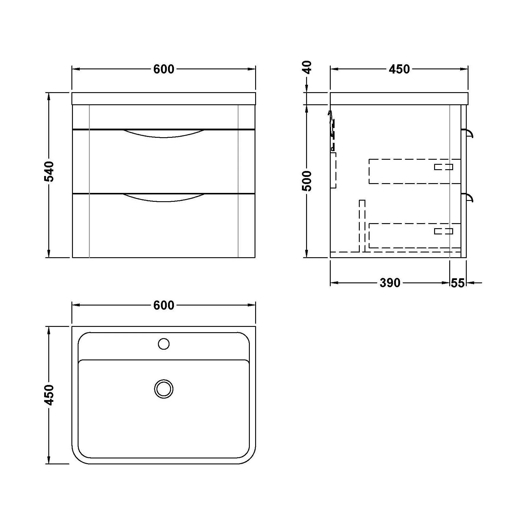 Balterley Wave Modern Bathroom Wall Hung 2 Drawer Vanity Unit Basin, Gloss White, 550mm - Image 5