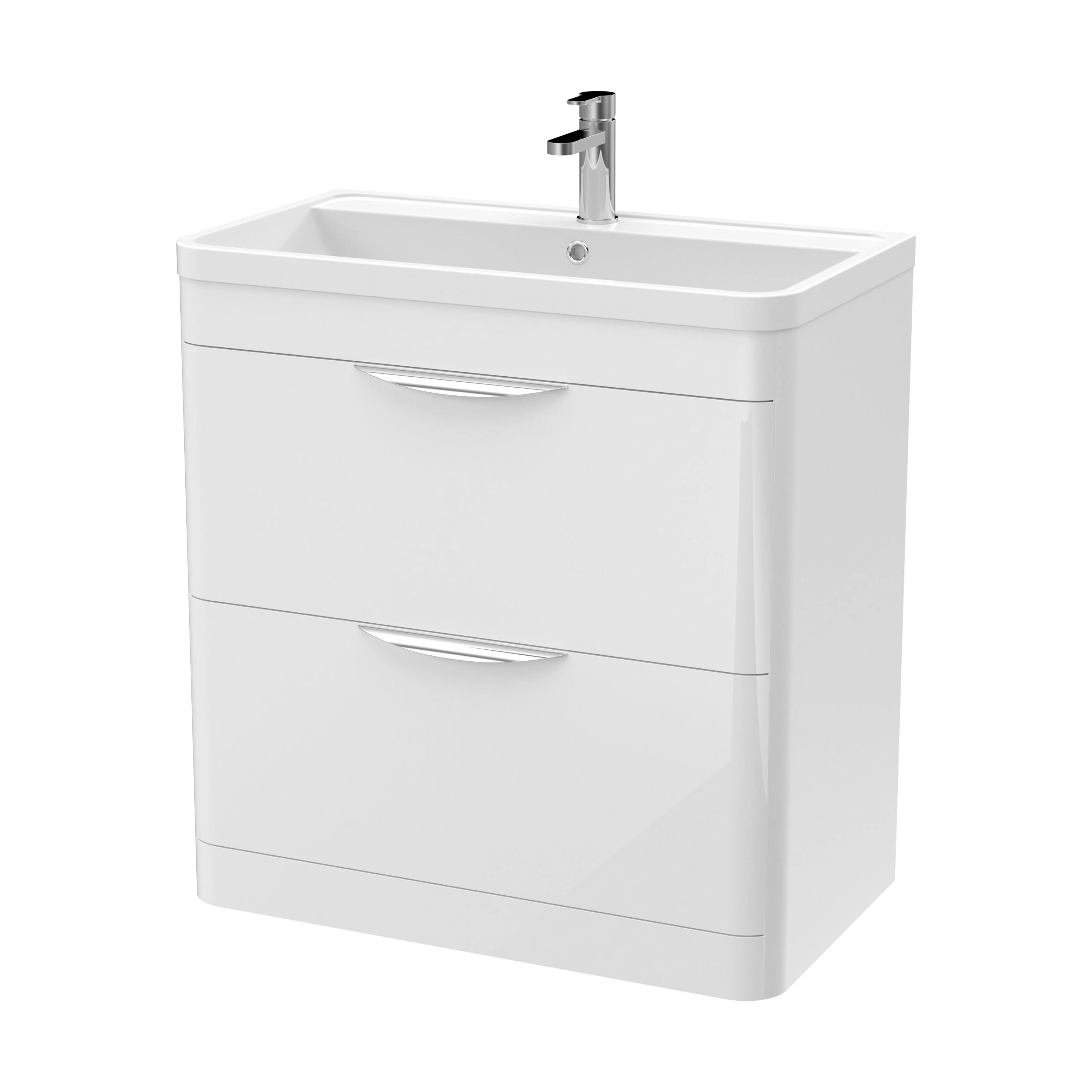 Balterley Wave Modern Bathroom Floor Standing 2 Drawer Vanity Unit Basin, Gloss White, 755mm