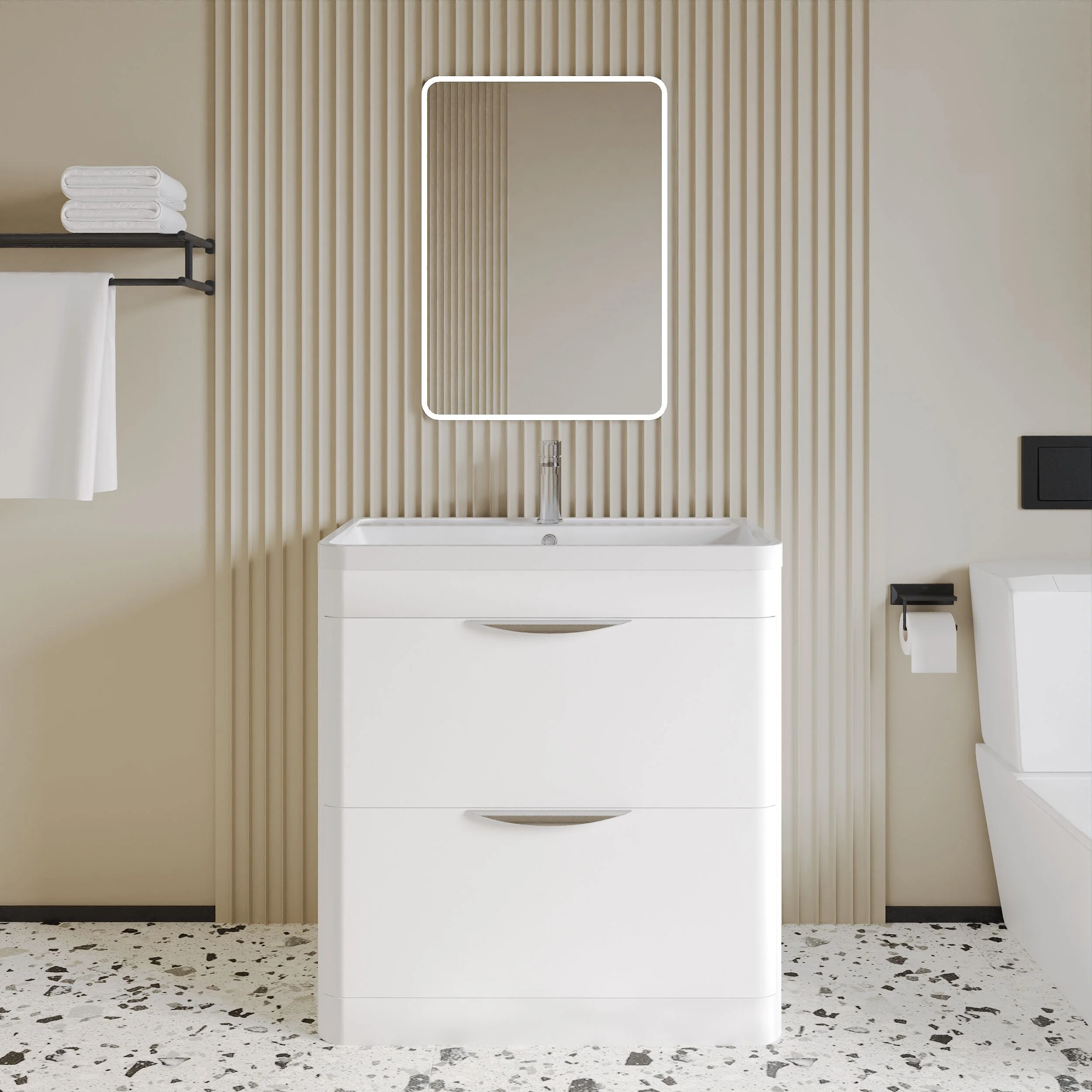 Balterley Wave Modern Bathroom Floor Standing 2 Drawer Vanity Unit Basin, Gloss White, 755mm - Image 2