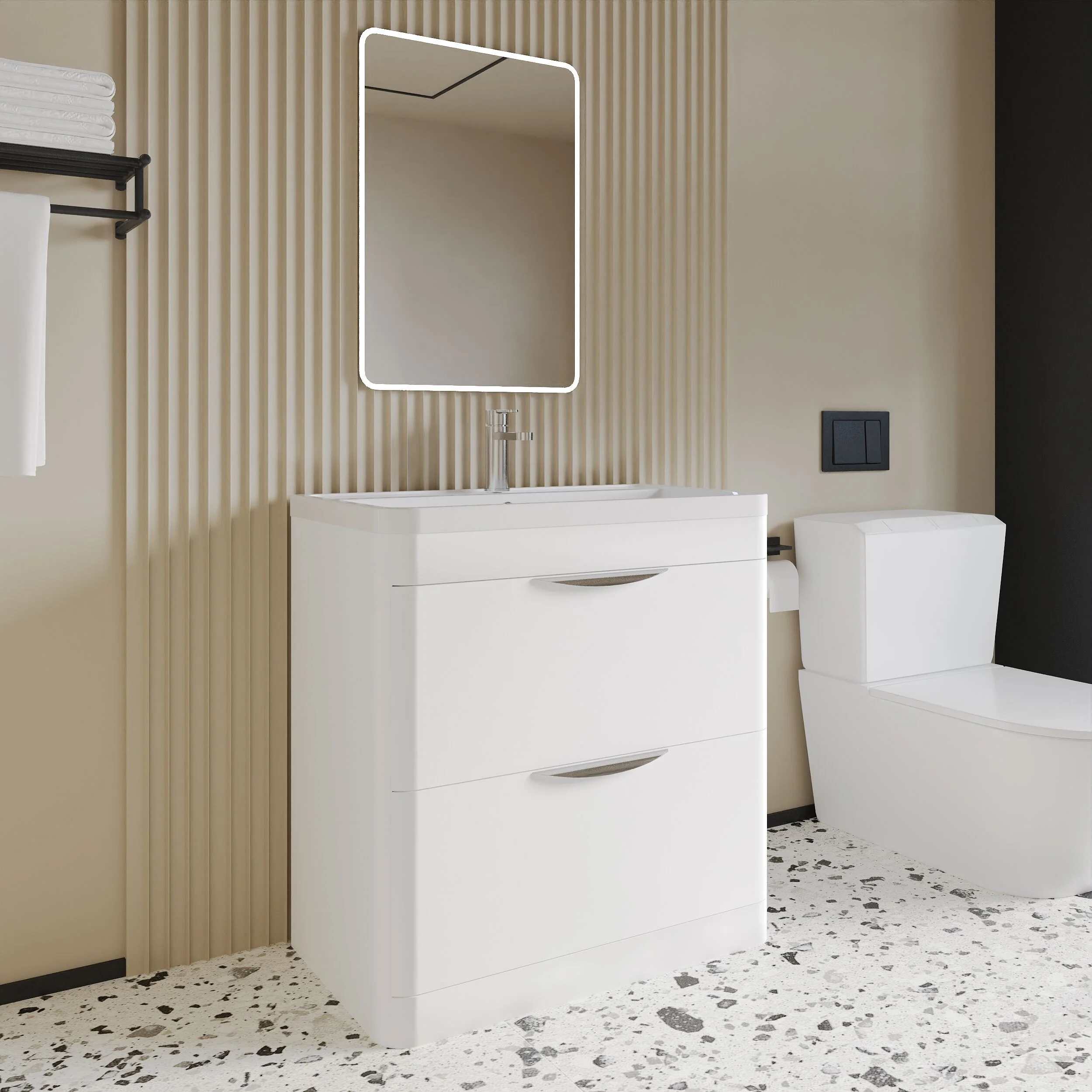 Balterley Wave Modern Bathroom Floor Standing 2 Drawer Vanity Unit Basin, Gloss White, 755mm - Image 3