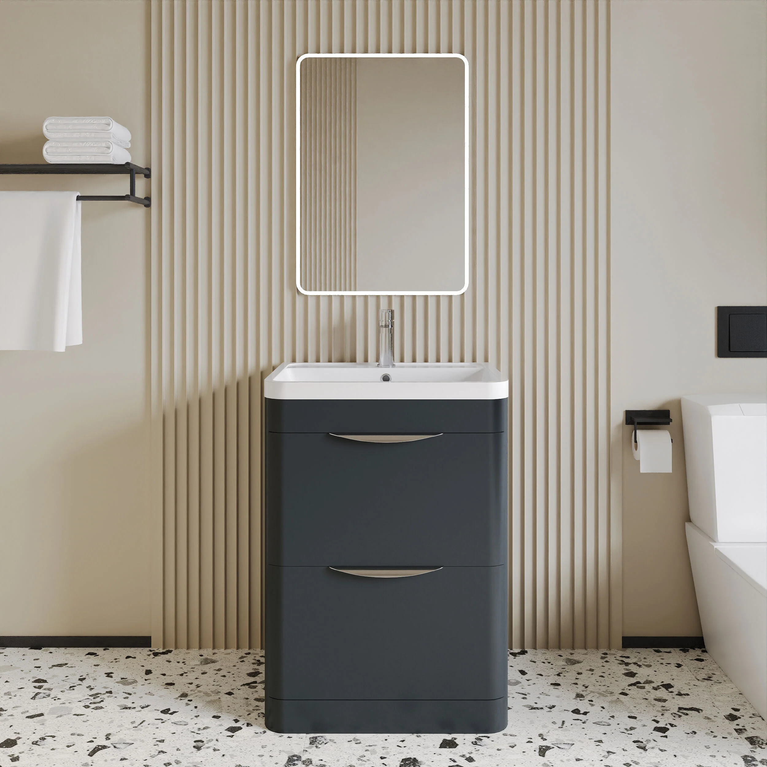 Balterley Wave Contemporary Floor Standing 2 Drawer Vanity Unit & Ceramic Basin, Dark Grey, 550mm - Image 2