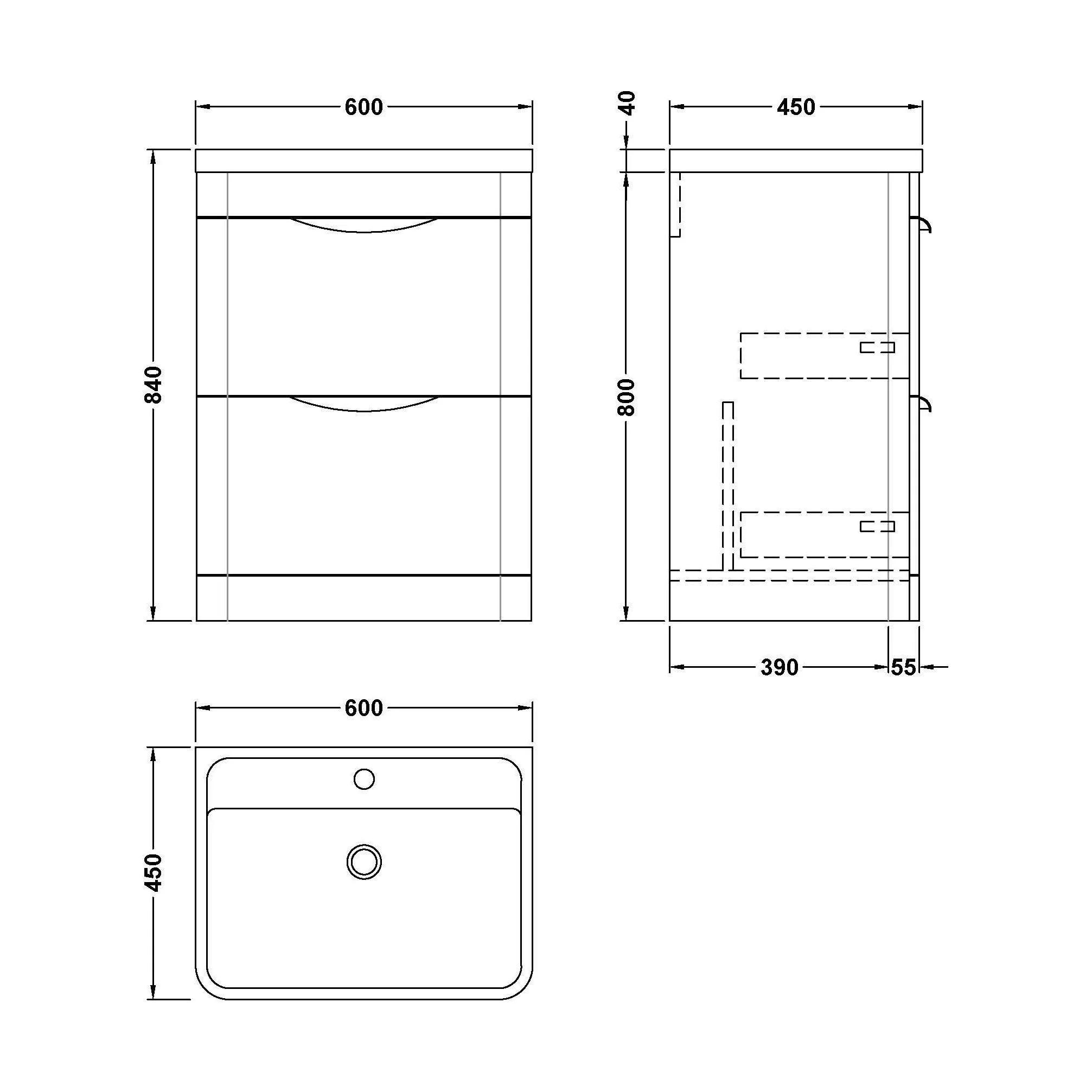 Balterley Wave Contemporary Floor Standing 2 Drawer Vanity Unit & Ceramic Basin, Dark Grey, 550mm - Image 4
