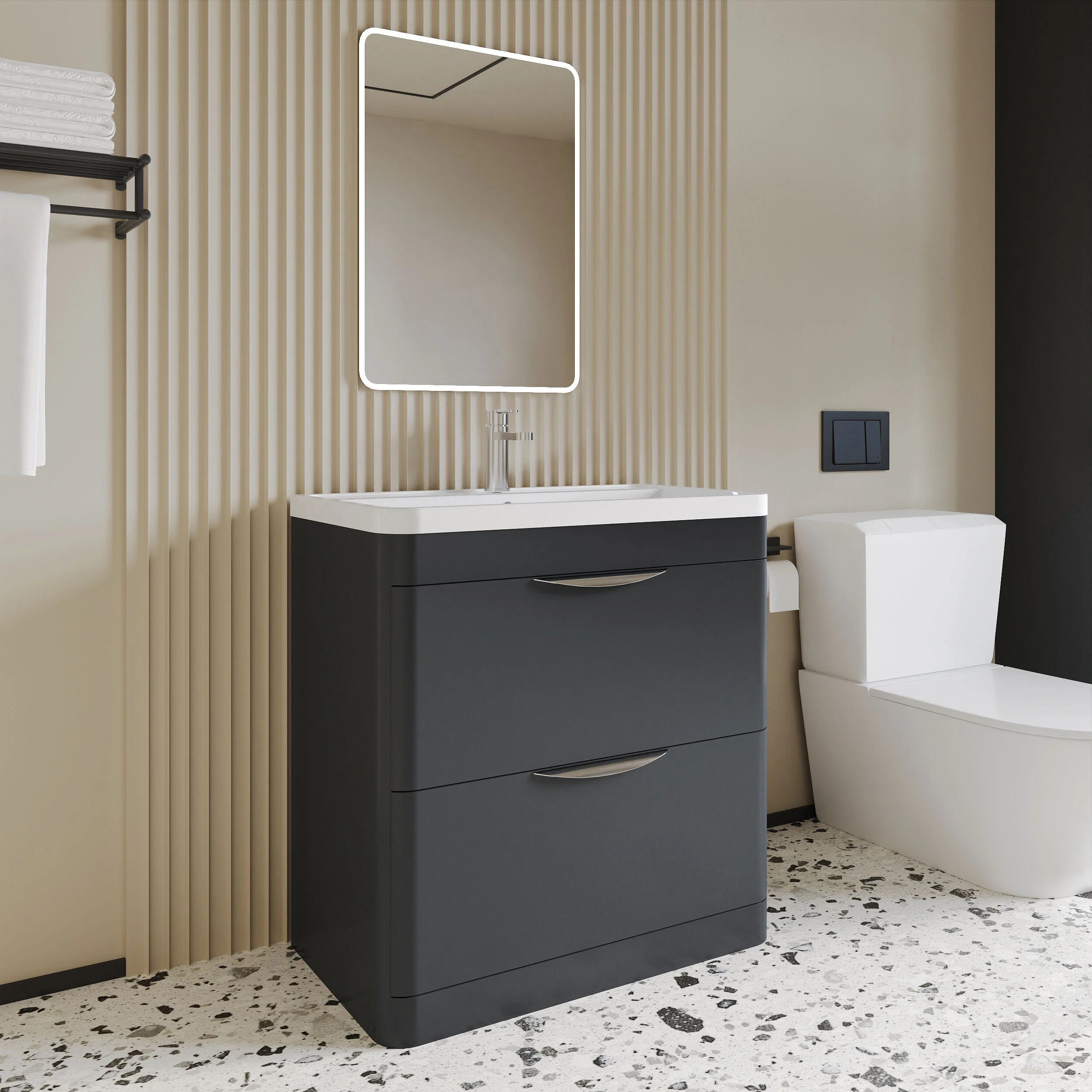 Balterley Wave Contemporary Floor Standing 2 Drawer Bathroom Vanity Unit & Polymarble Basin, Dark Grey, 550mm - Image 3