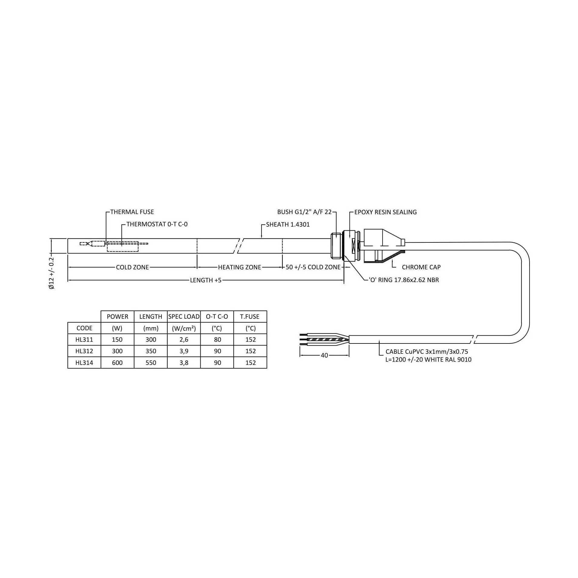 Electric Towel Rail Heating Elements - 300 Watts - Chrome - Image 2
