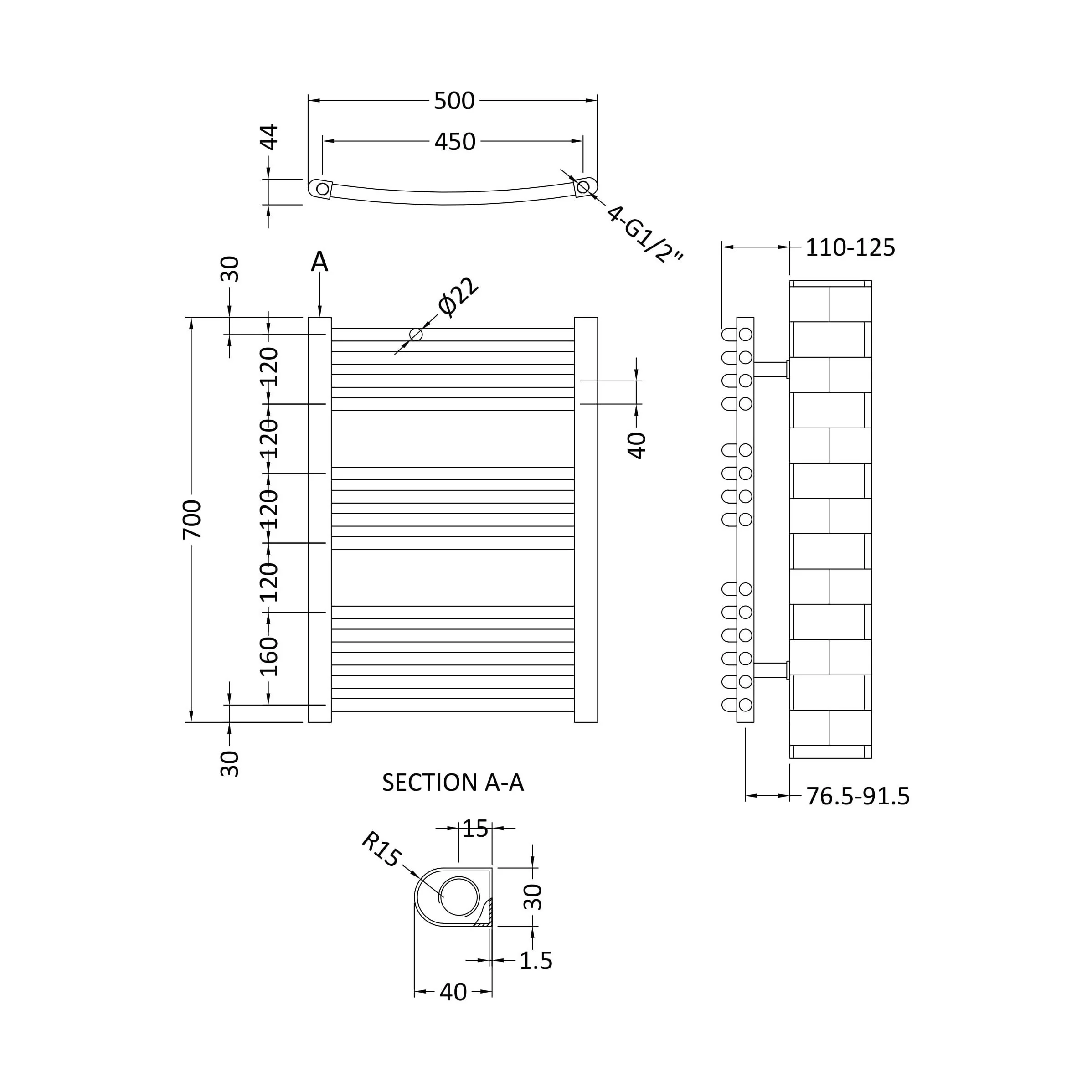 Heated Vertical Towel Rail with Curved Rails - 710 BTU - 700mm x 500mm - Chrome - Image 5