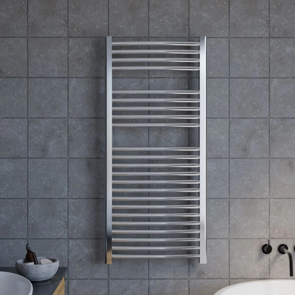 Heated Vertical Towel Rail with Curved Rails - 1126 BTU - 1100mm x 500mm - Chrome - Image 2