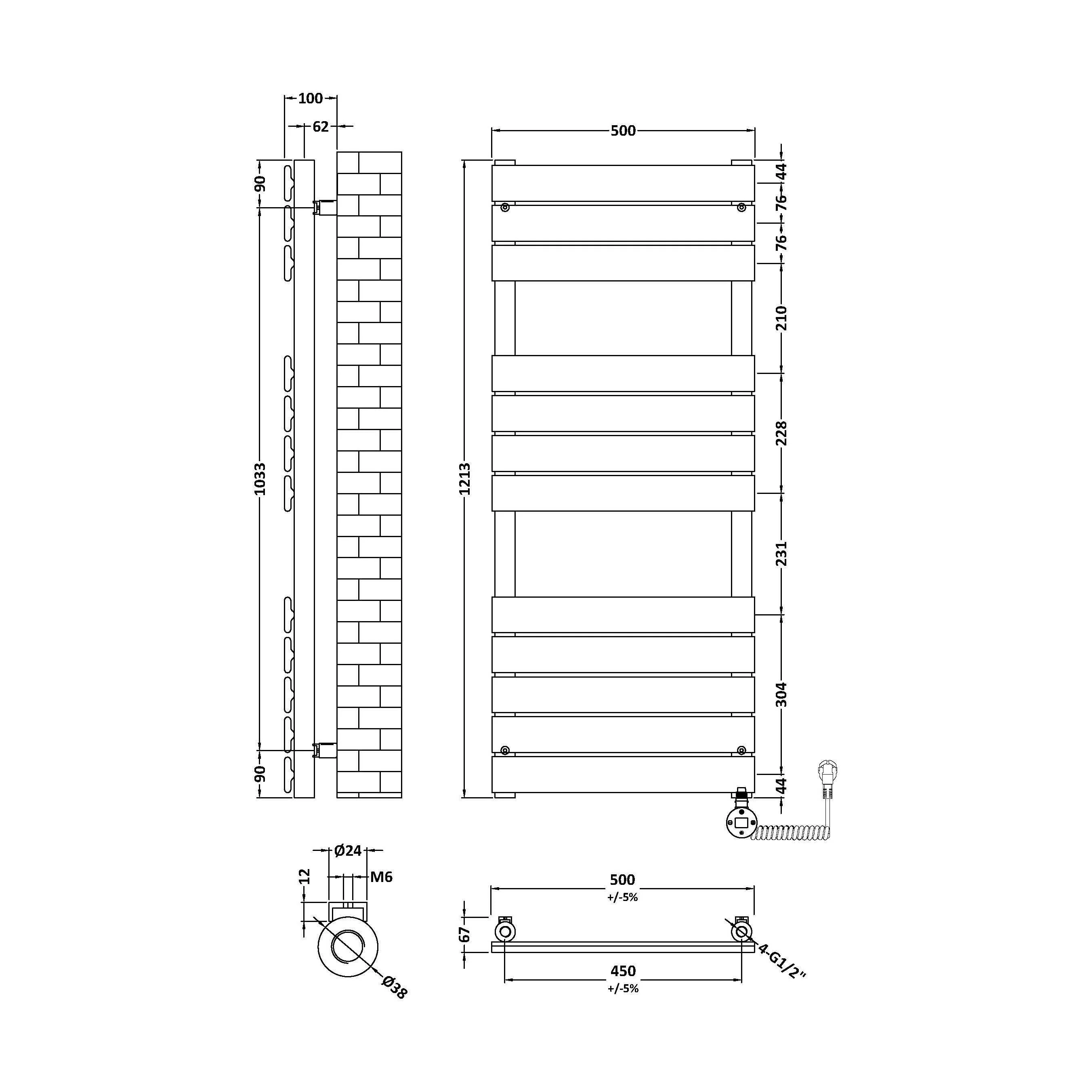Electric Square Flat Heated Towel Rail with 12 Bars, 1213 x 500, Anthracite - Image 14