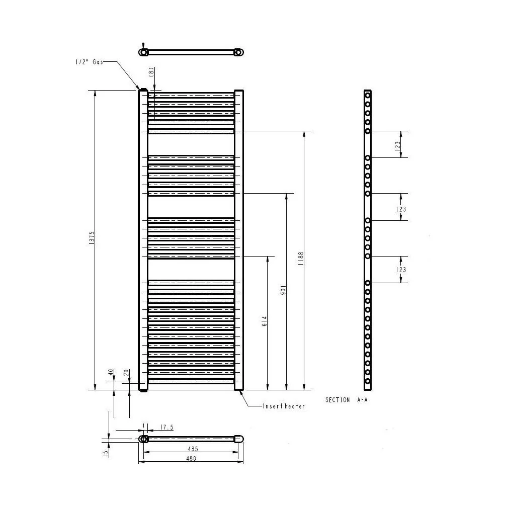 Balterley Contemporary Electric Vertical Round Towel Rail, 27 Rails, 1375mm x 480mm, 500 Watt Heated Bathroom Accessory - Chrome - Image 2