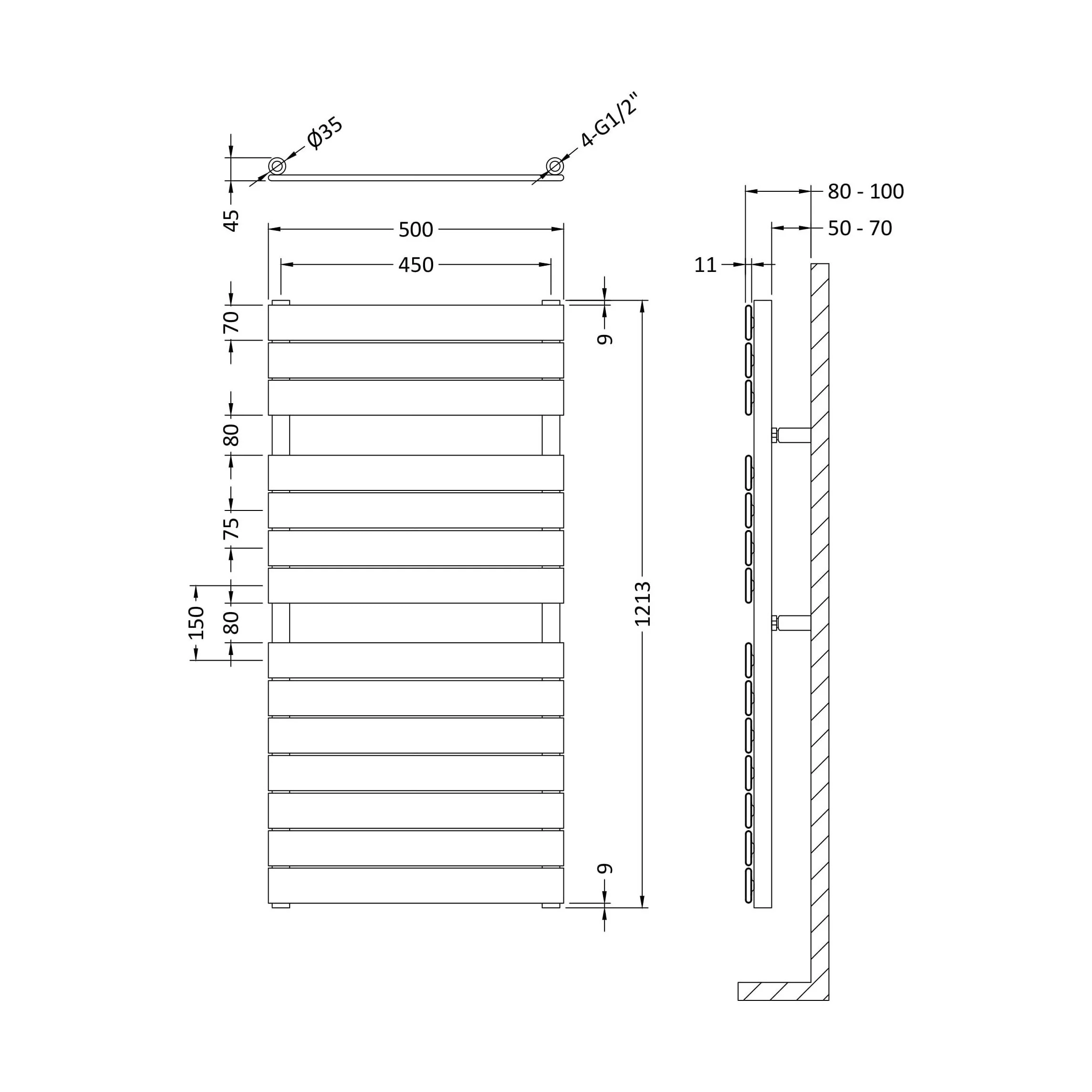 Heated Towel Rail with 14 Flat Panels - 2014 BTU - 1213mm x 500mm - Anthracite - Image 5