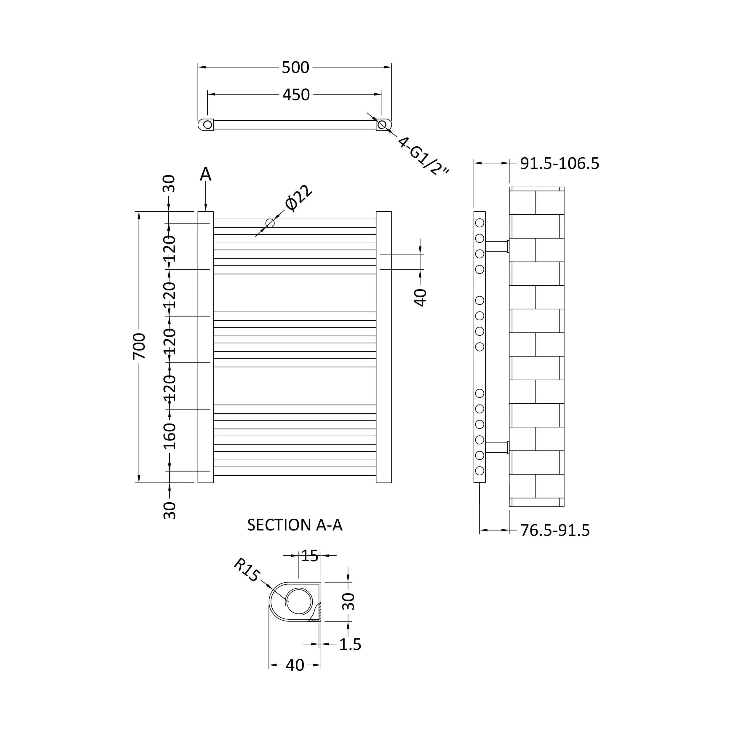 Heated Vertical Towel Rail with Straight Rails - 679 BTU - 700mm x 500mm - Chrome - Image 5