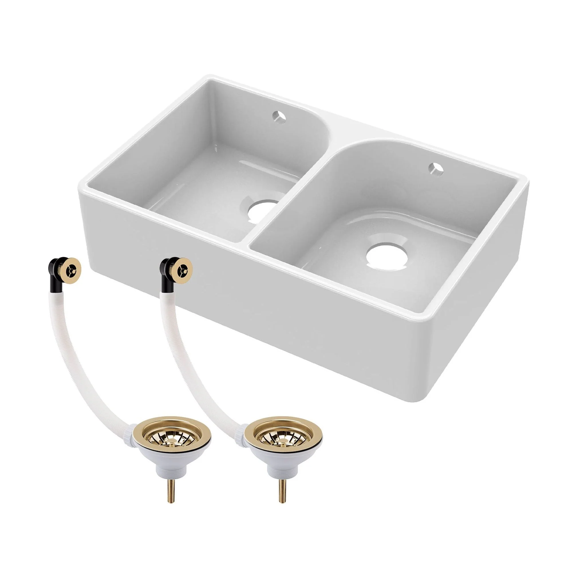 Fireclay Ceramic Double Bowl Butler Kitchen Sink with Full Weir, Tap Ledge, Overflows and Wastes, 795mm - Brushed Brass