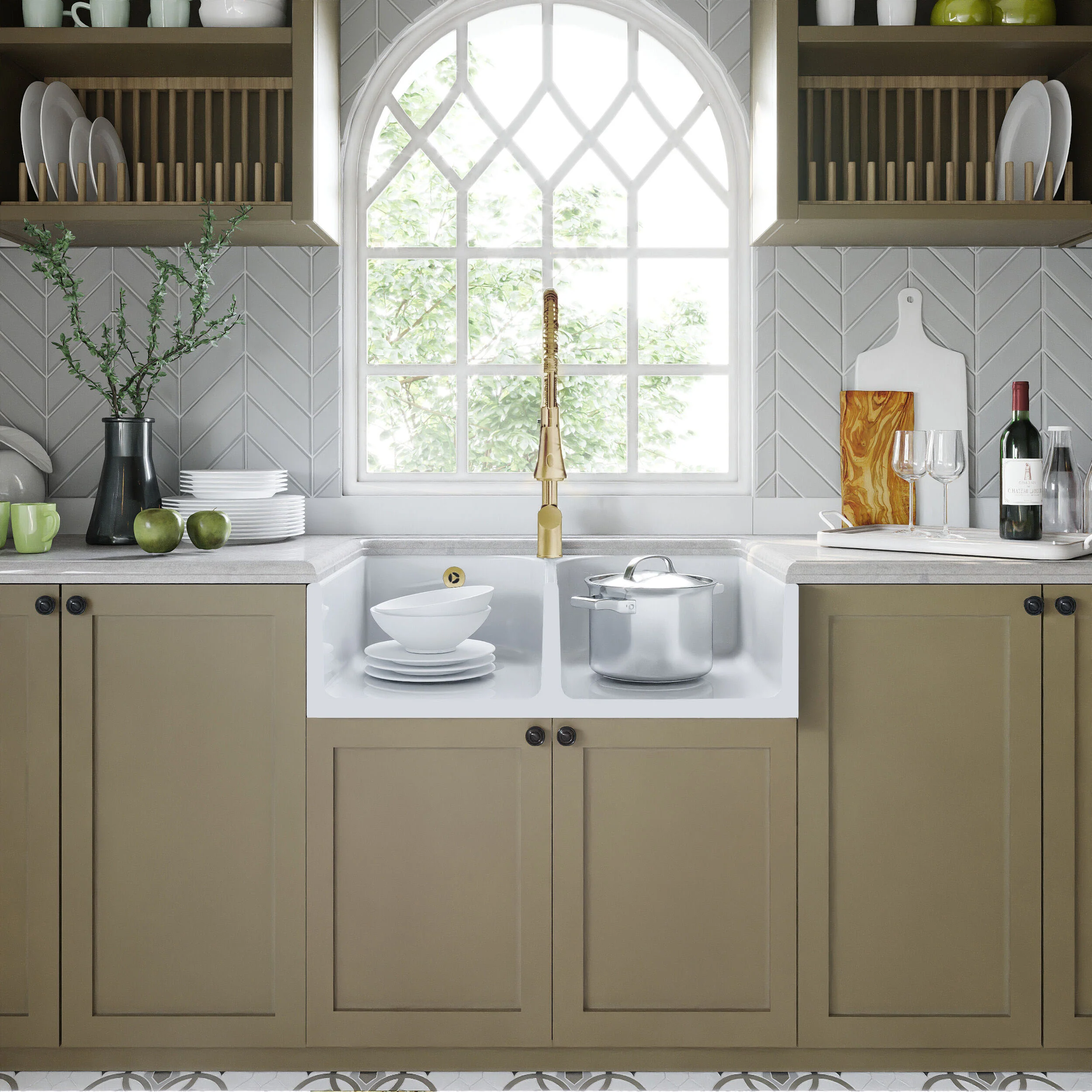 Fireclay Ceramic Double Bowl Butler Kitchen Sink with Full Weir, Tap Ledge, Overflows and Wastes, 795mm - Brushed Brass - Image 2