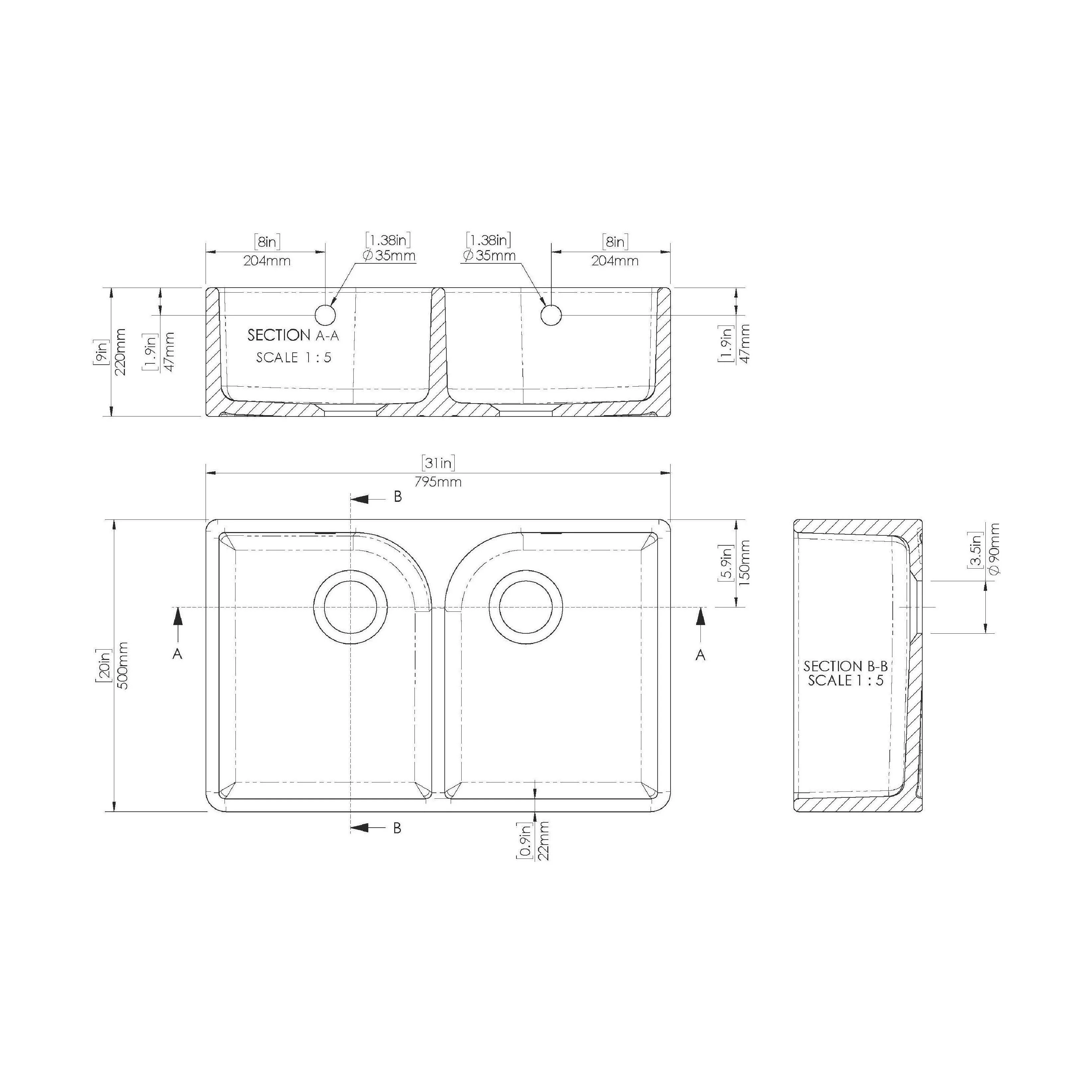 Fireclay Ceramic Double Bowl Butler Kitchen Sink with Full Weir, Tap Ledge, Overflows and Wastes, 795mm - Brushed Brass - Image 4