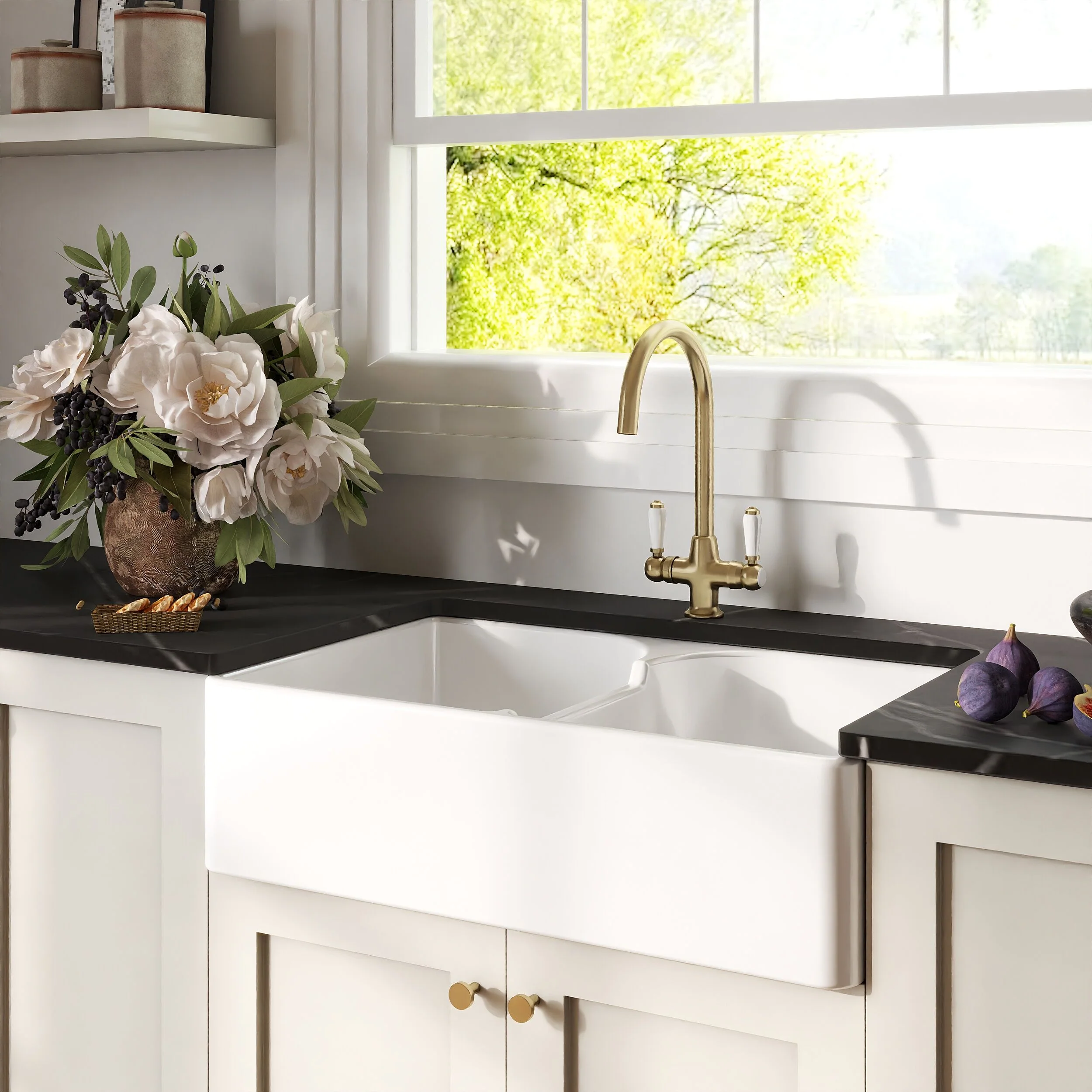 Traditional Fireclay Kitchen Bundle: Double Bowl Stepped Weir Butler Sink, Wastes & Mono Lever Tap, 795mm - Brushed Brass - Image 4