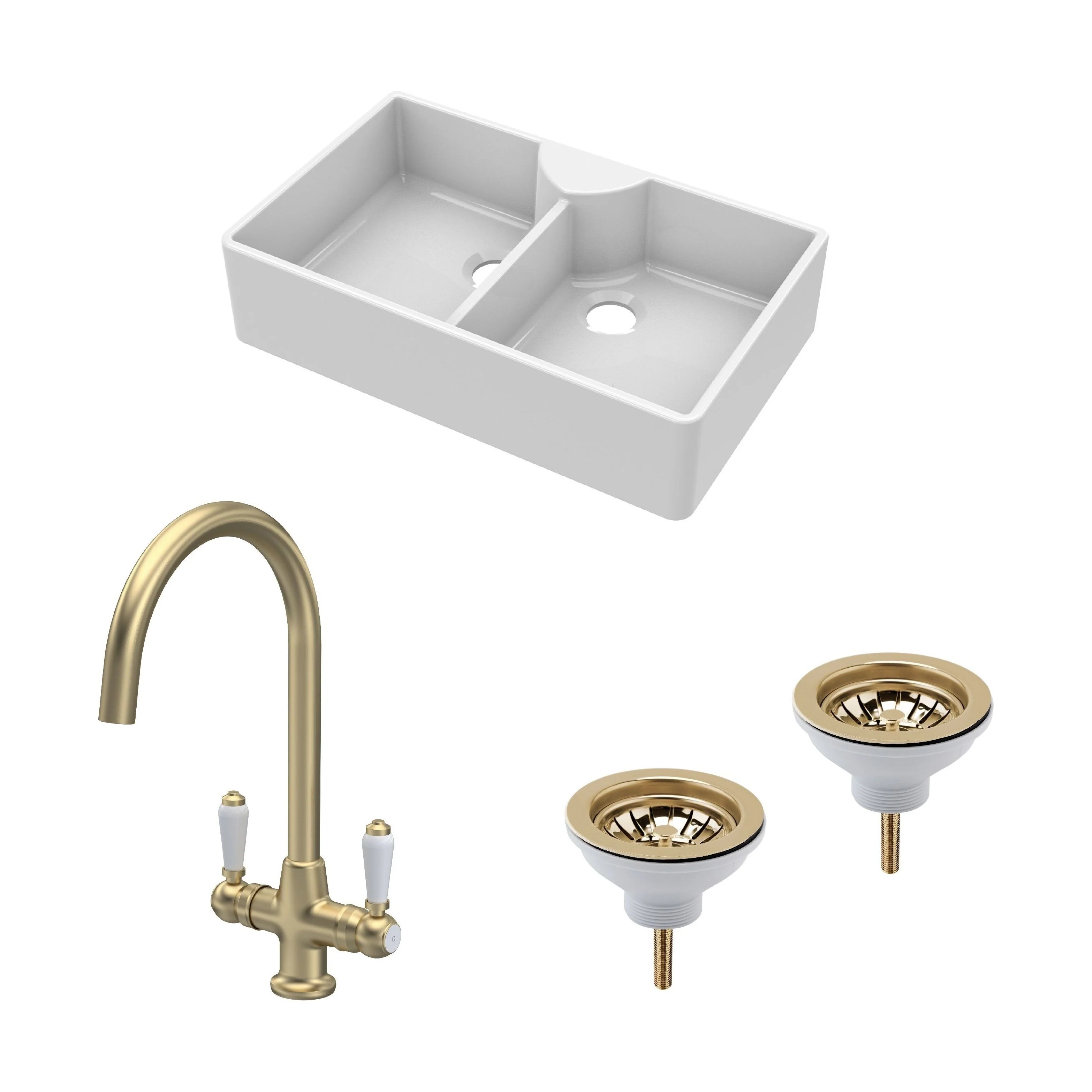 Traditional Fireclay Kitchen Sink Bundle: Double Bowl Butler with 2 Wastes & Mono Lever Tap, 895mm - Brushed Brass