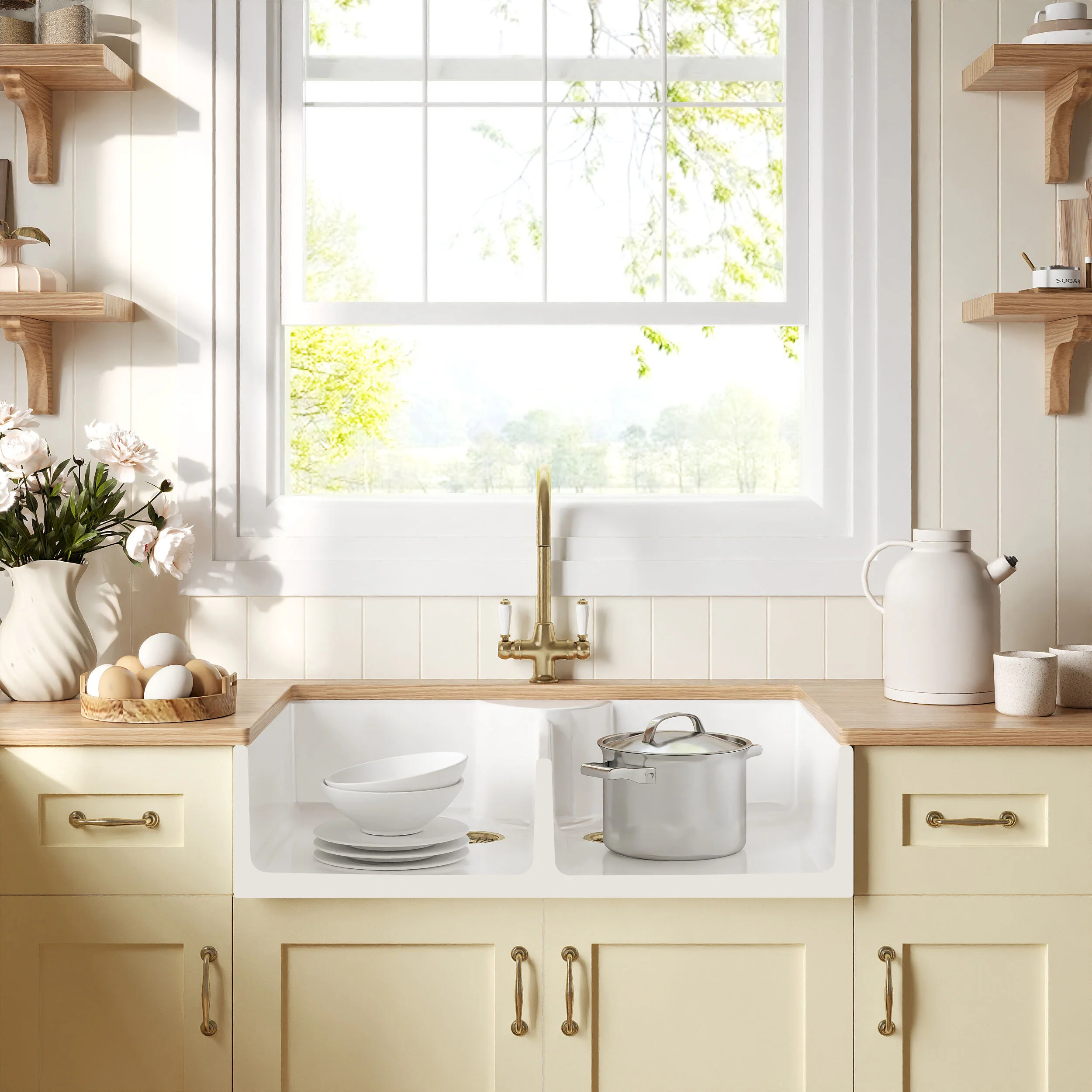 Traditional Fireclay Kitchen Sink Bundle: Double Bowl Butler with 2 Wastes & Mono Lever Tap, 895mm - Brushed Brass - Image 2
