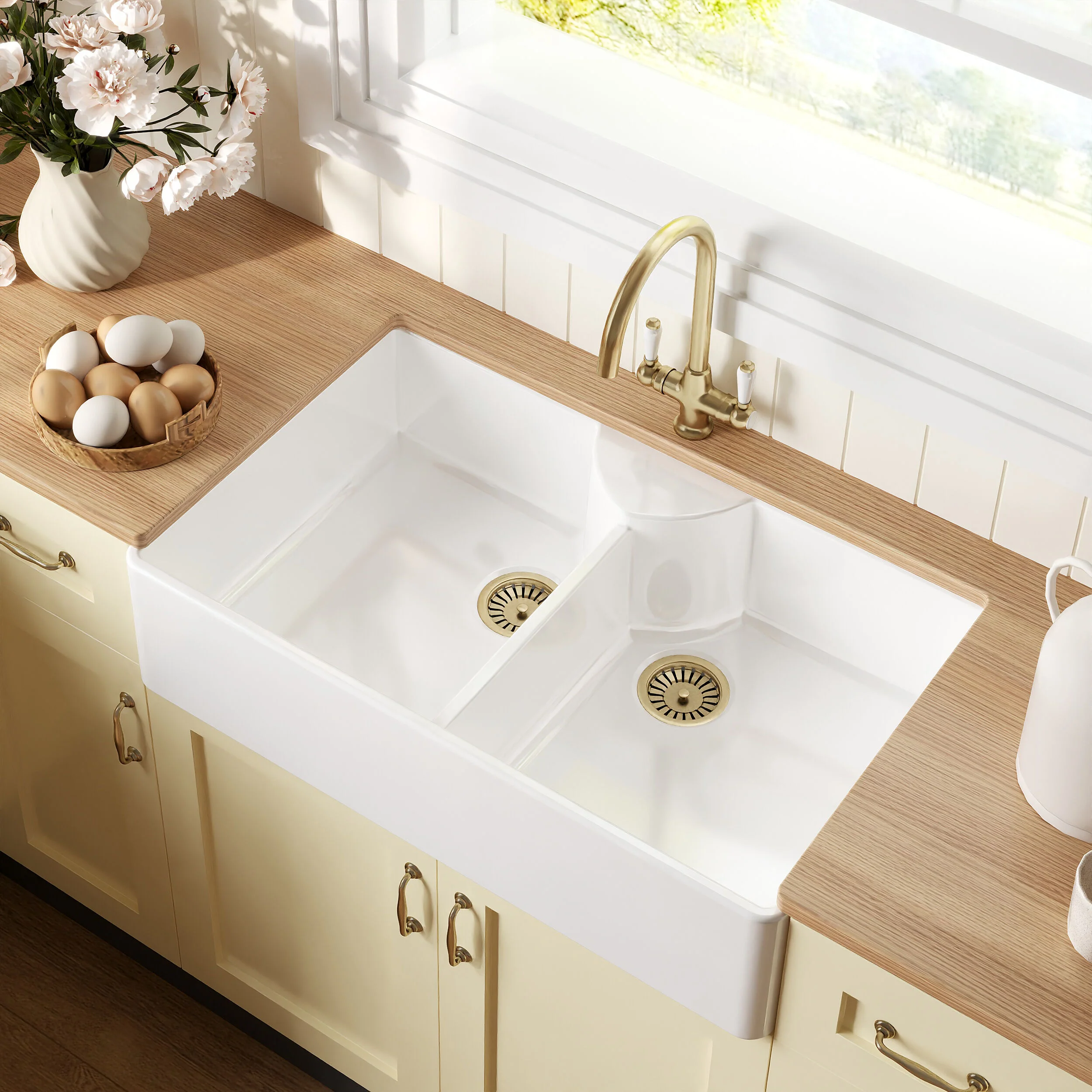 Traditional Fireclay Kitchen Sink Bundle: Double Bowl Butler with 2 Wastes & Mono Lever Tap, 895mm - Brushed Brass - Image 3