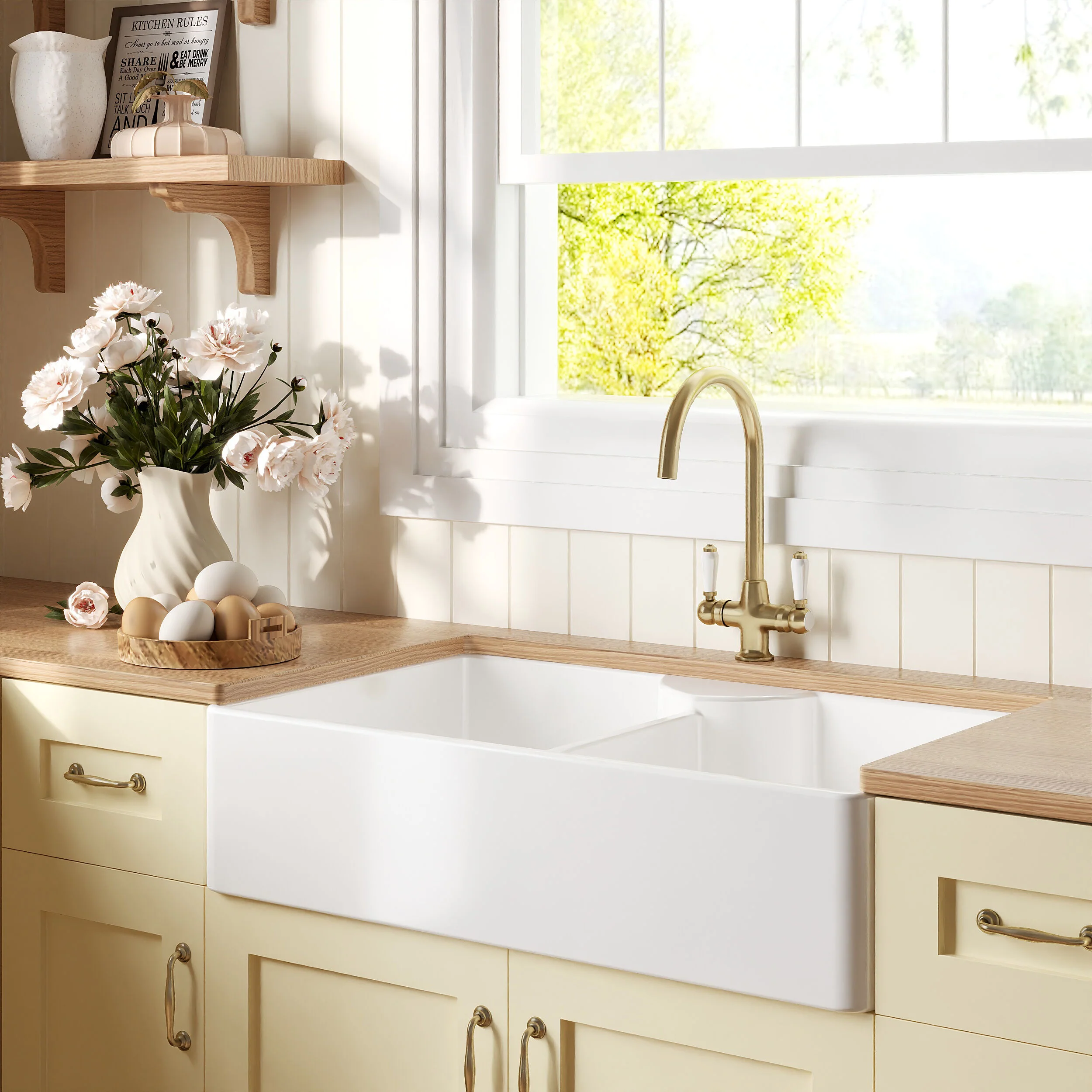 Traditional Fireclay Kitchen Sink Bundle: Double Bowl Butler with 2 Wastes & Mono Lever Tap, 895mm - Brushed Brass - Image 4