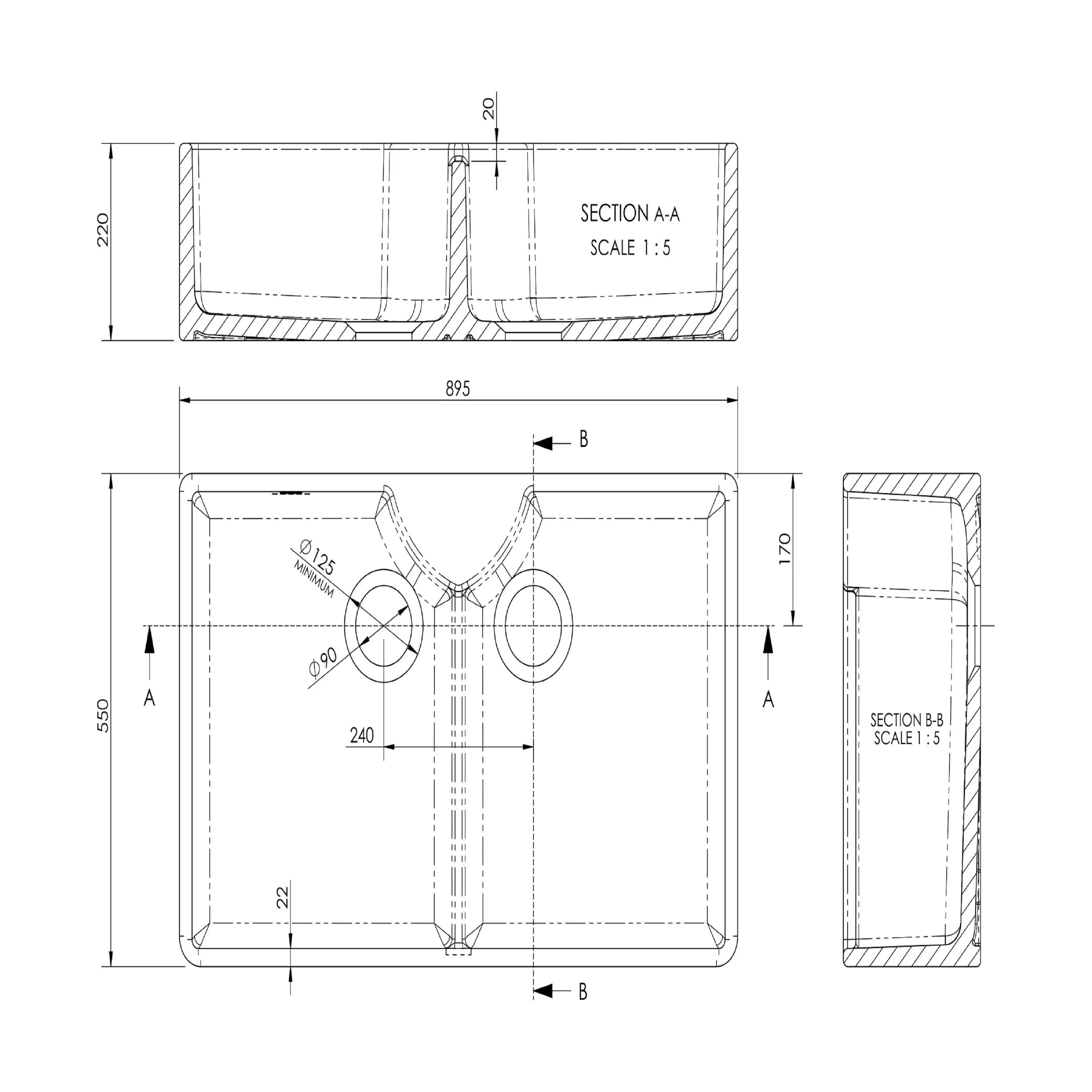 Traditional Fireclay Kitchen Sink Bundle: Double Bowl Butler with 2 Wastes & Mono Lever Tap, 895mm - Brushed Brass - Image 5