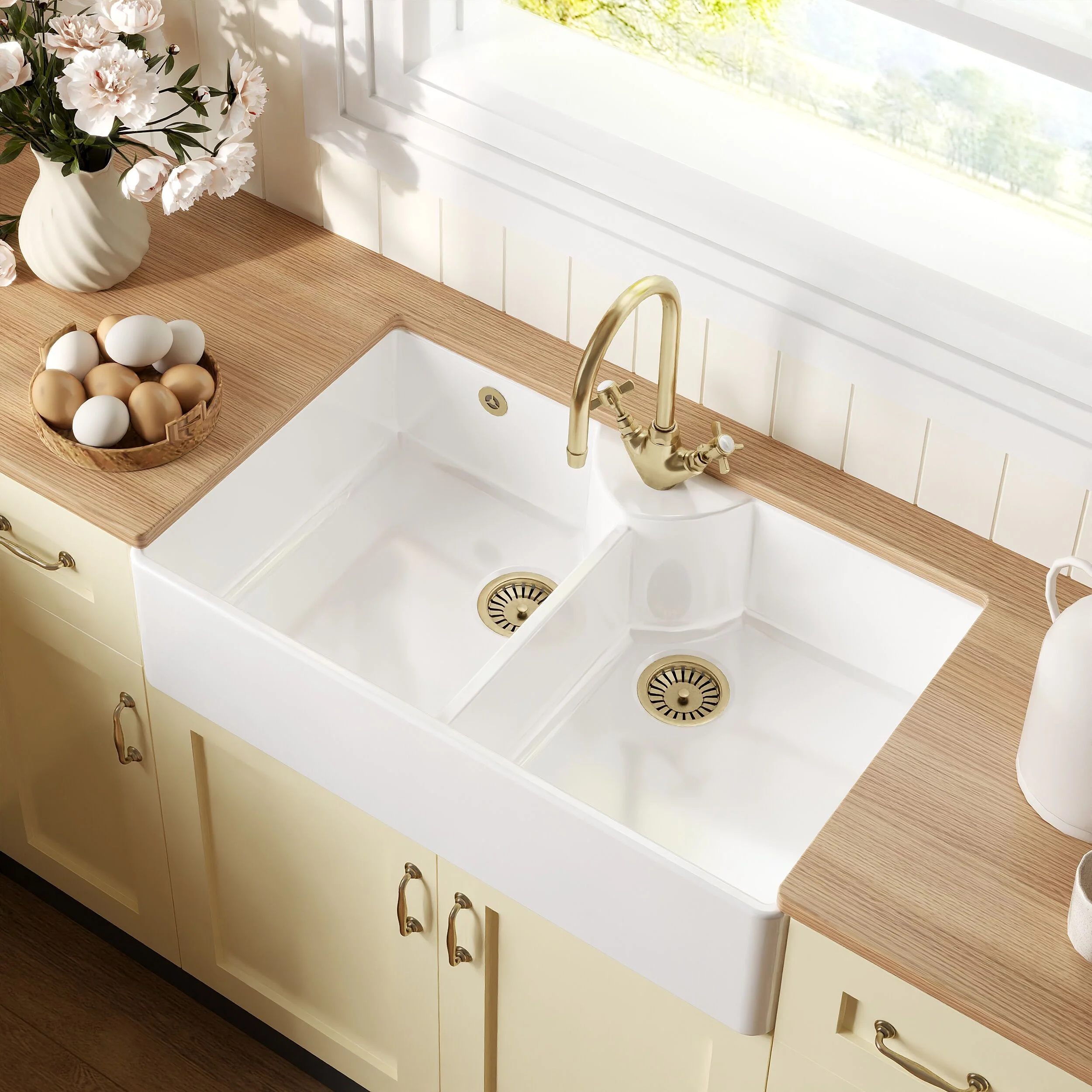 Traditional Fireclay Kitchen Sink Bundle: Double Bowl Butler 1 Tap Hole Design with Wastes & Mono Tap, 895mm - Brushed Brass - Image 3