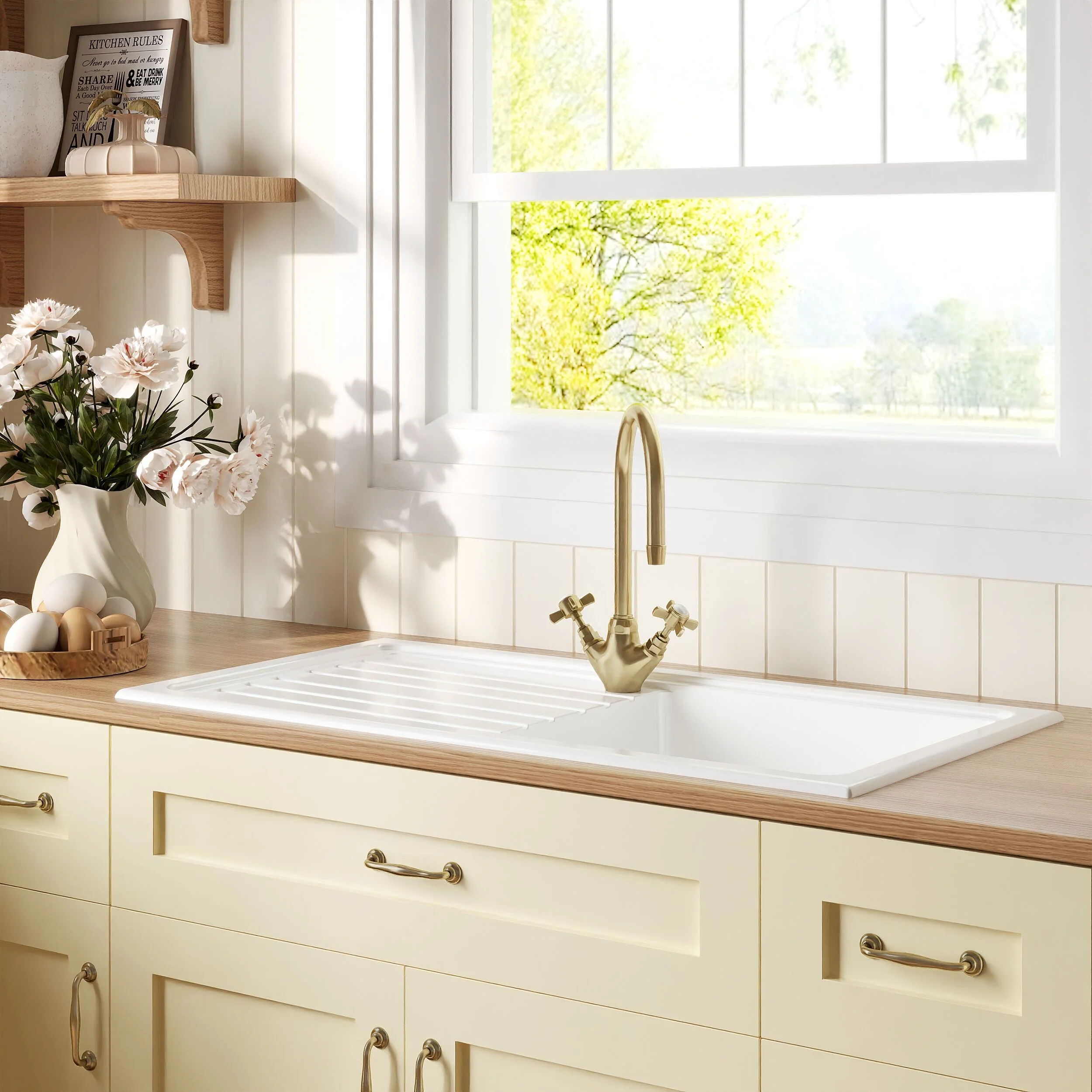 Traditional Fireclay Kitchen Bundle: Single Bowl Sink & Drainer with Waste & Mono Crosshead Tap, 1010mm - Brushed Brass - Image 5