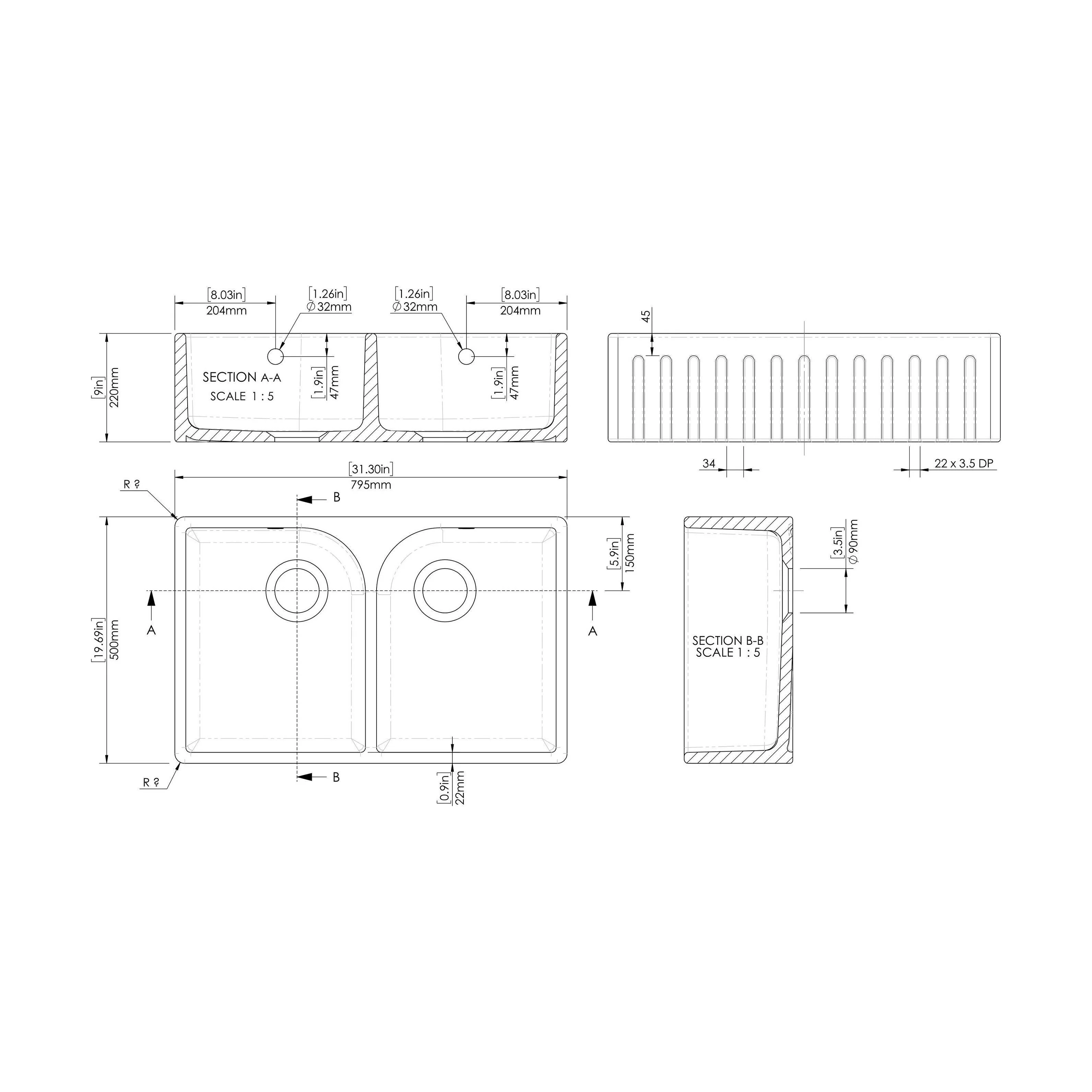 Fireclay Double Bowl Fluted Front Butler Kitchen Sink with Full Weir, Overflows, Tap Ledge and Wastes, 795mm - Chrome - Image 14