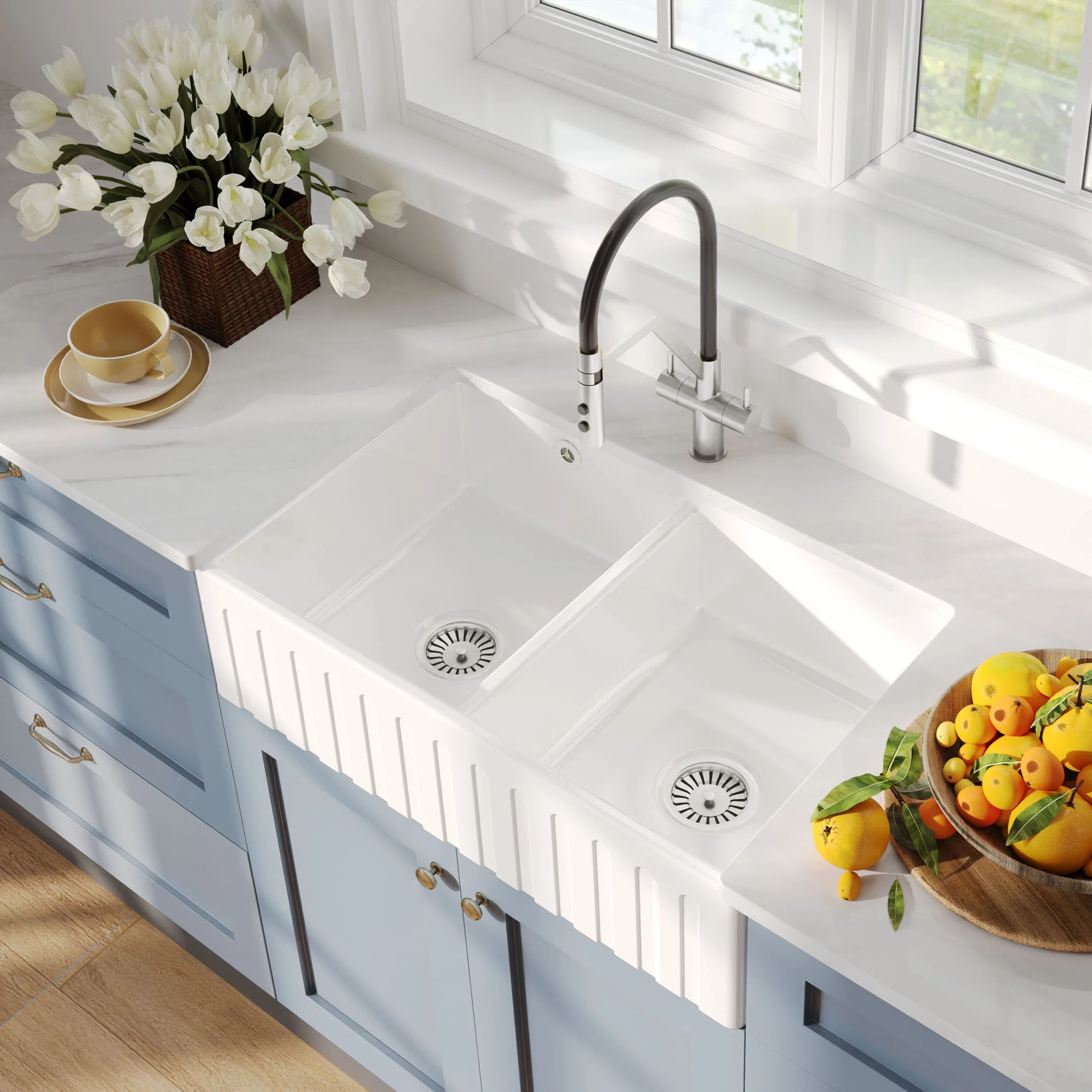 Fireclay Ceramic Double Bowl Fluted Butler Kitchen Sink with Overflow and Stepped Weir, Strainer Wastes, 795mm - Chrome - Image 11