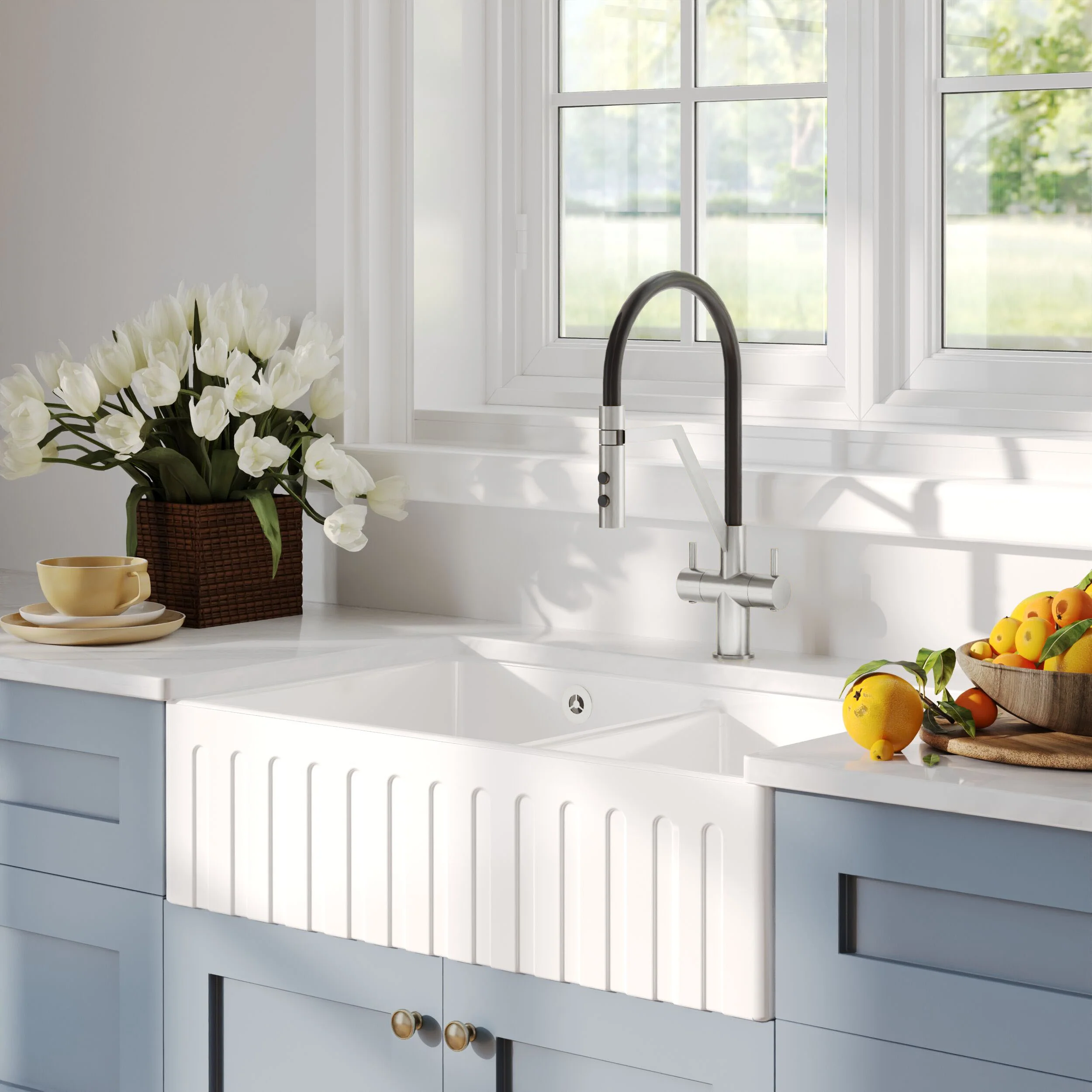 Fireclay Ceramic Double Bowl Fluted Butler Kitchen Sink with Overflow and Stepped Weir, Strainer Wastes, 795mm - Chrome - Image 12