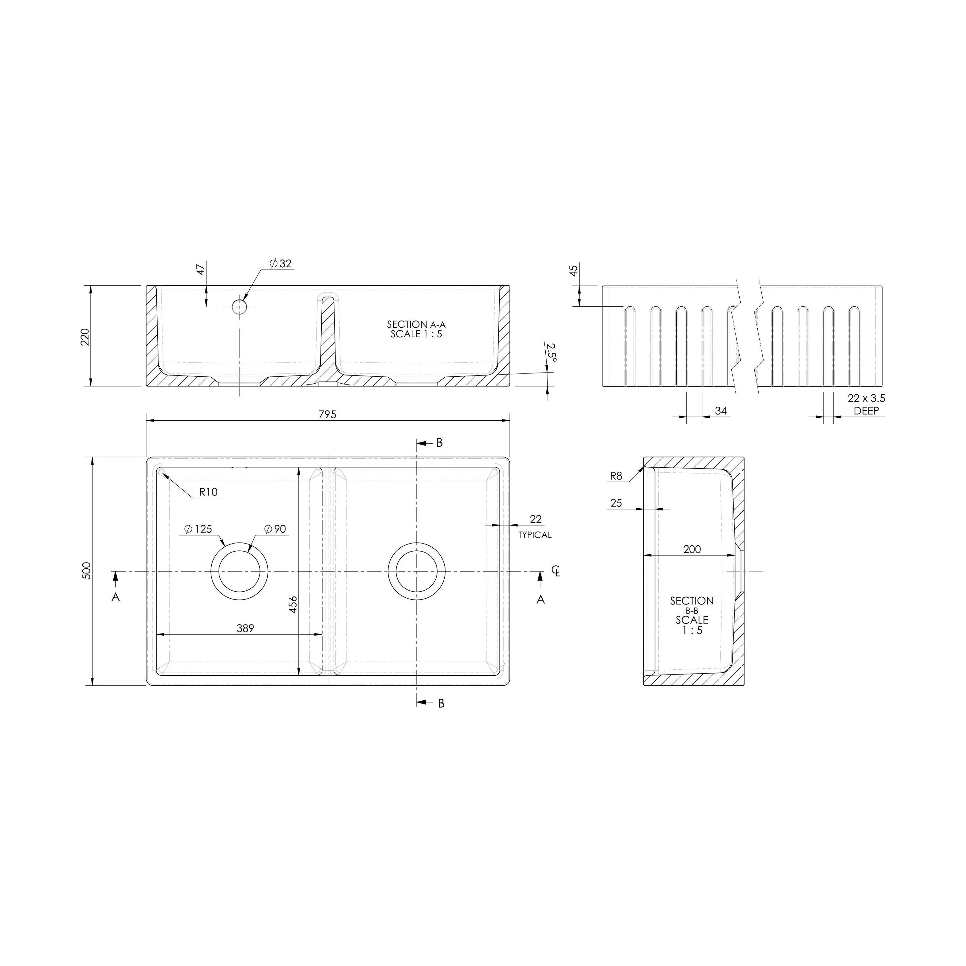 Fireclay Ceramic Double Bowl Fluted Butler Kitchen Sink with Overflow and Stepped Weir, Strainer Wastes, 795mm - Chrome - Image 15