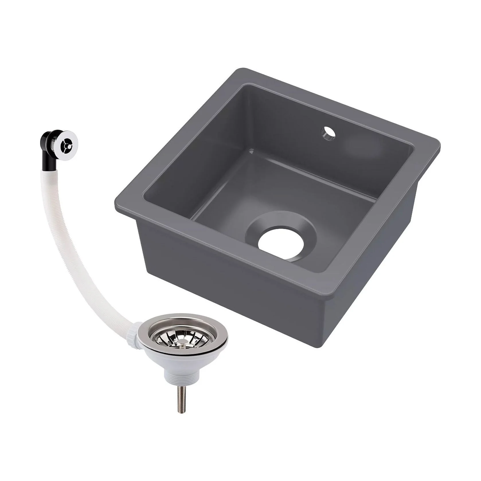 Fireclay Ceramic Single Bowl Square Undermount Kitchen Sink with Overflow and Chrome Strainer Waste, 457mm - Dark Grey