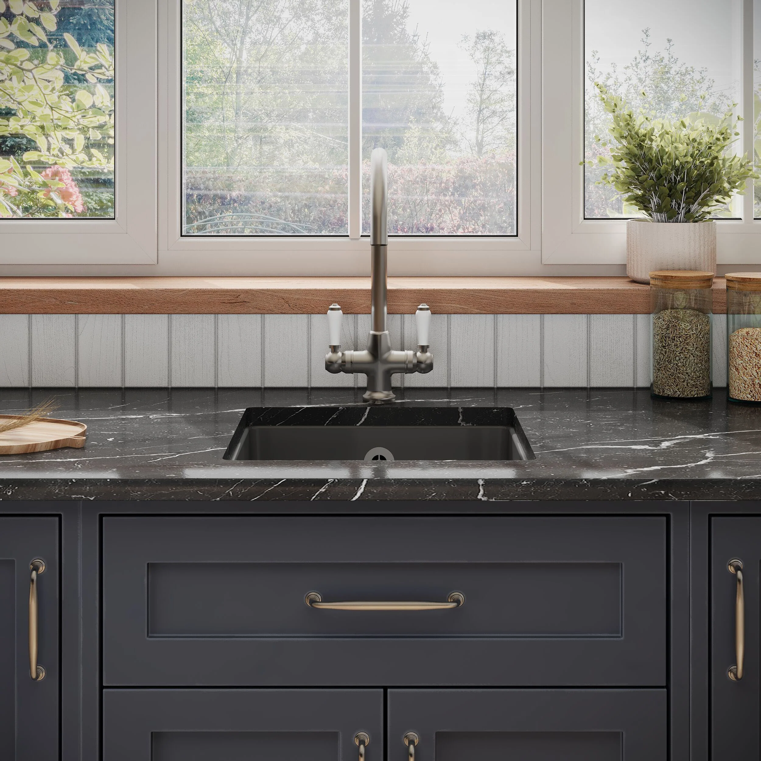 Fireclay Ceramic Single Bowl Square Undermount Kitchen Sink with Overflow and Chrome Strainer Waste, 457mm - Dark Grey - Image 2