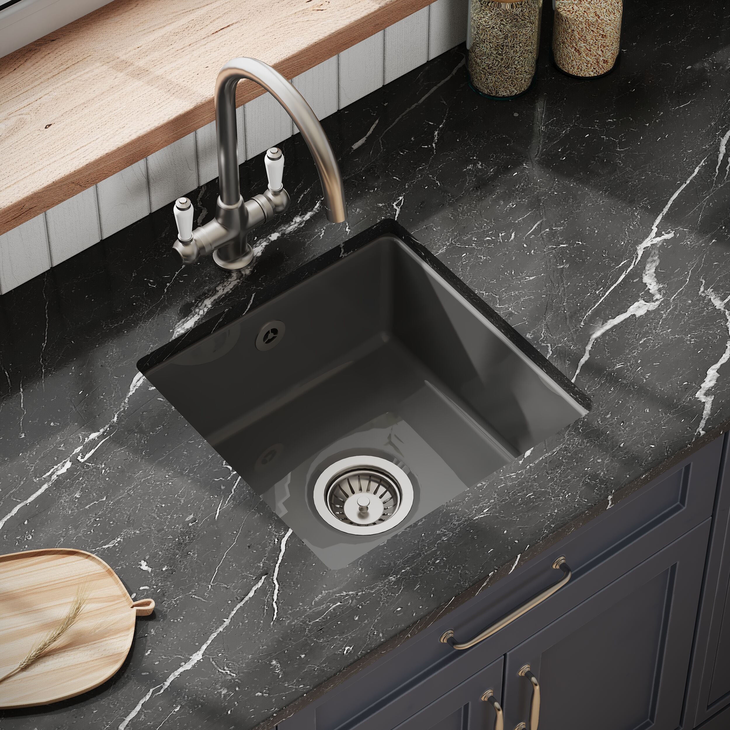 Fireclay Ceramic Single Bowl Square Undermount Kitchen Sink with Overflow and Chrome Strainer Waste, 457mm - Dark Grey - Image 3