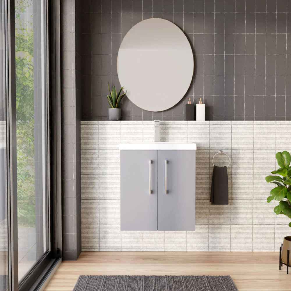 Bramshall Contemporary 2 Door Wall Hung Vanity Basin Unit with Mid-Edge Basin, Choice of Size and Colour - Image 22