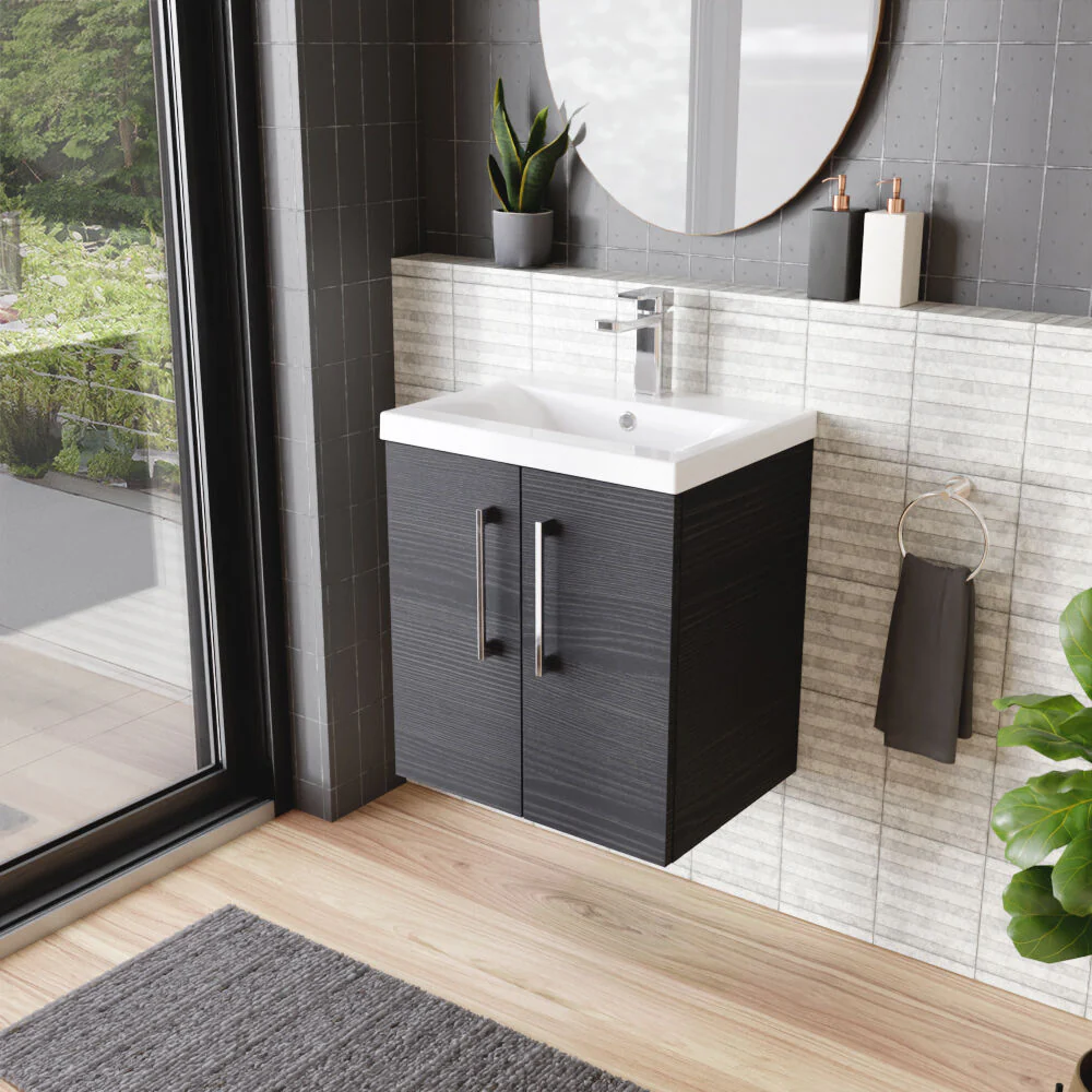 Bramshall Contemporary 2 Door Wall Hung Vanity Basin Unit with Mid-Edge Basin, Choice of Size and Colour - Image 74