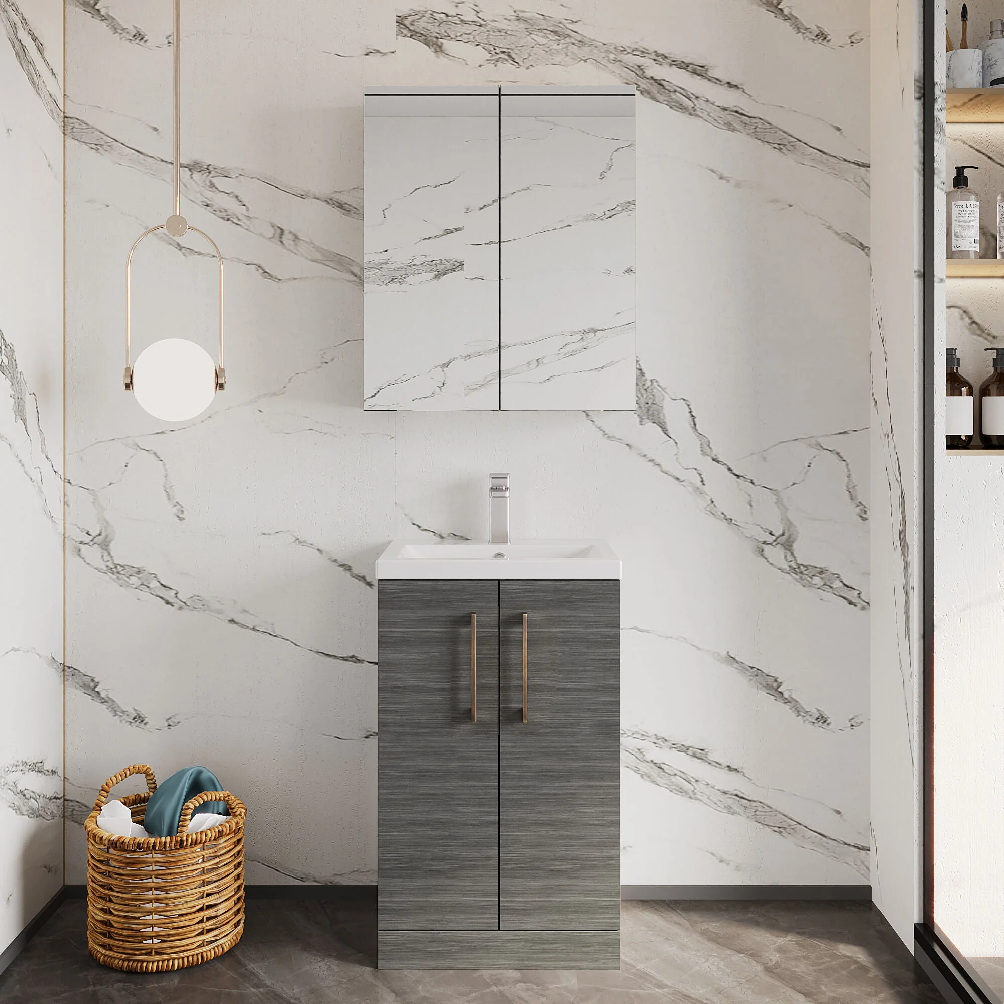 Bramshall Contemporary Compact Floor Standing Vanity Basin Unit with Polymarble Basin, 500mm, Choice of Colour and Handle Finish - Image 14