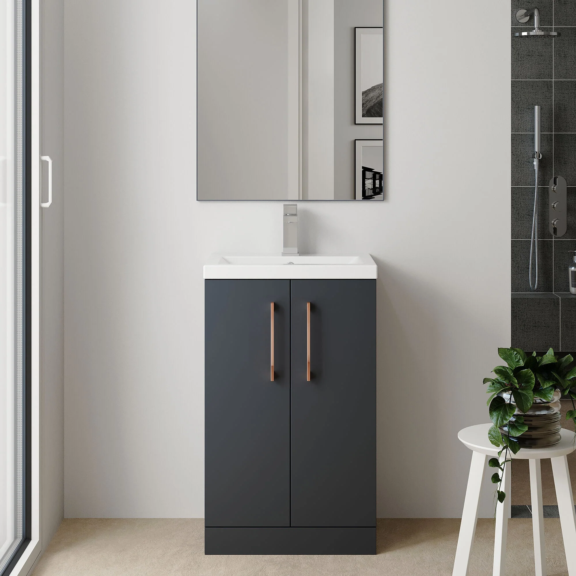 Bramshall Contemporary Compact Floor Standing Vanity Basin Unit with Polymarble Basin, 600mm, Choice of Colour and Handle Finish - Image 44