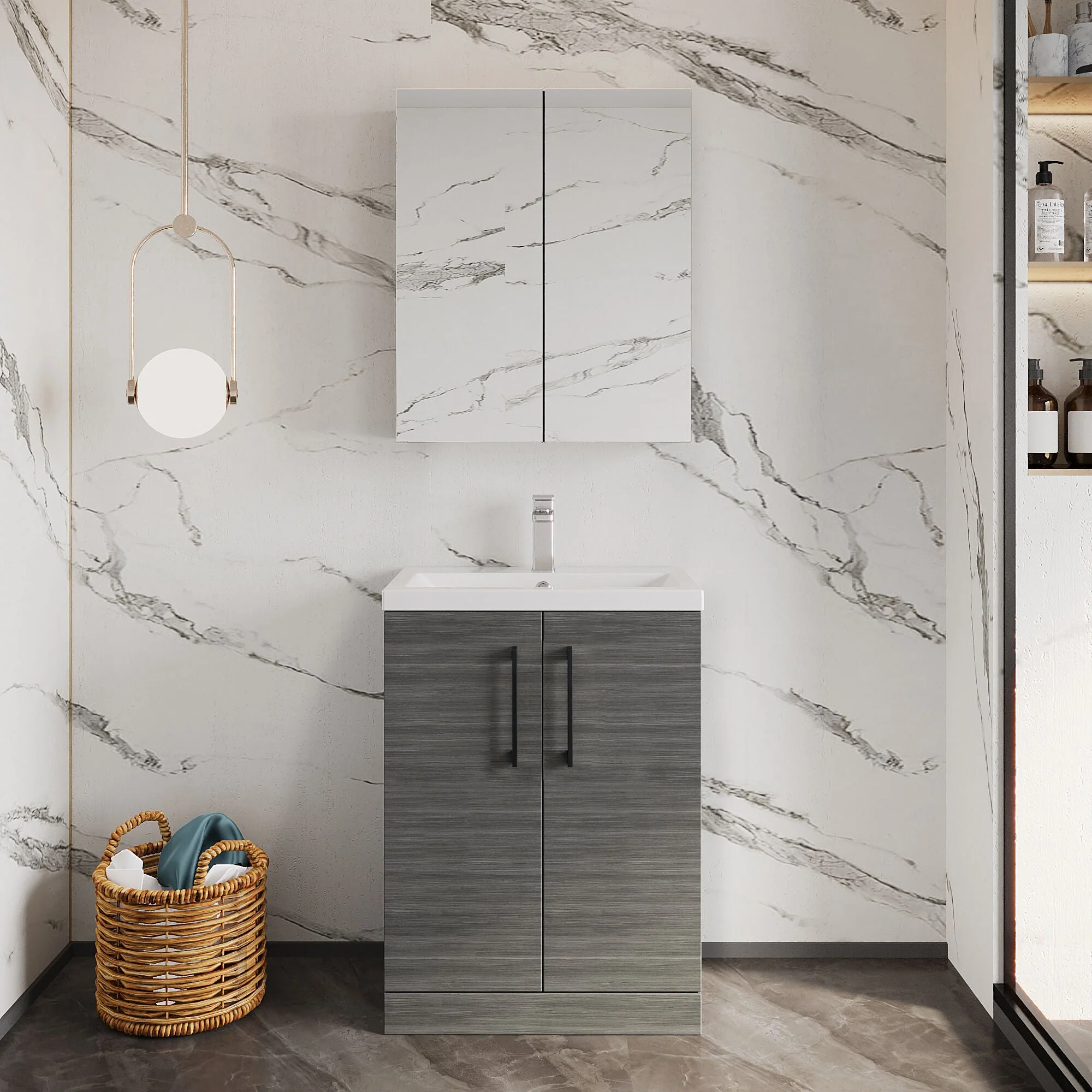 Bramshall Contemporary Compact Floor Standing Vanity Basin Unit with Polymarble Basin, 600mm, Choice of Colour and Handle Finish - Image 5
