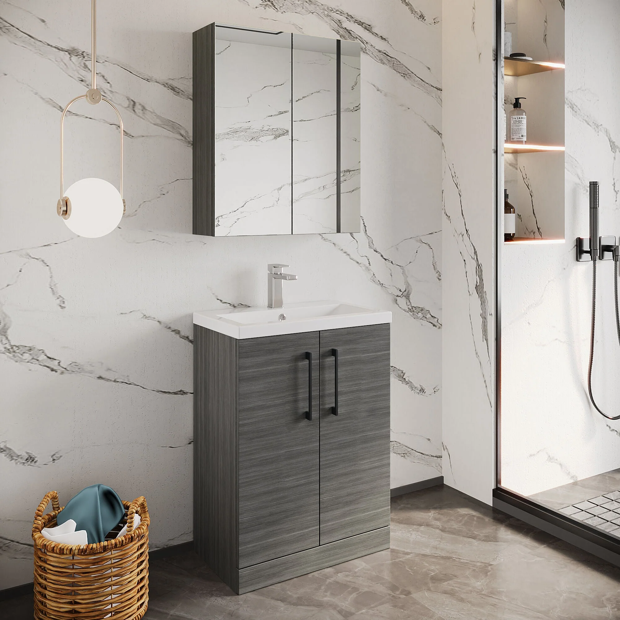 Bramshall Contemporary Compact Floor Standing Vanity Basin Unit with Polymarble Basin, 600mm, Choice of Colour and Handle Finish - Image 6