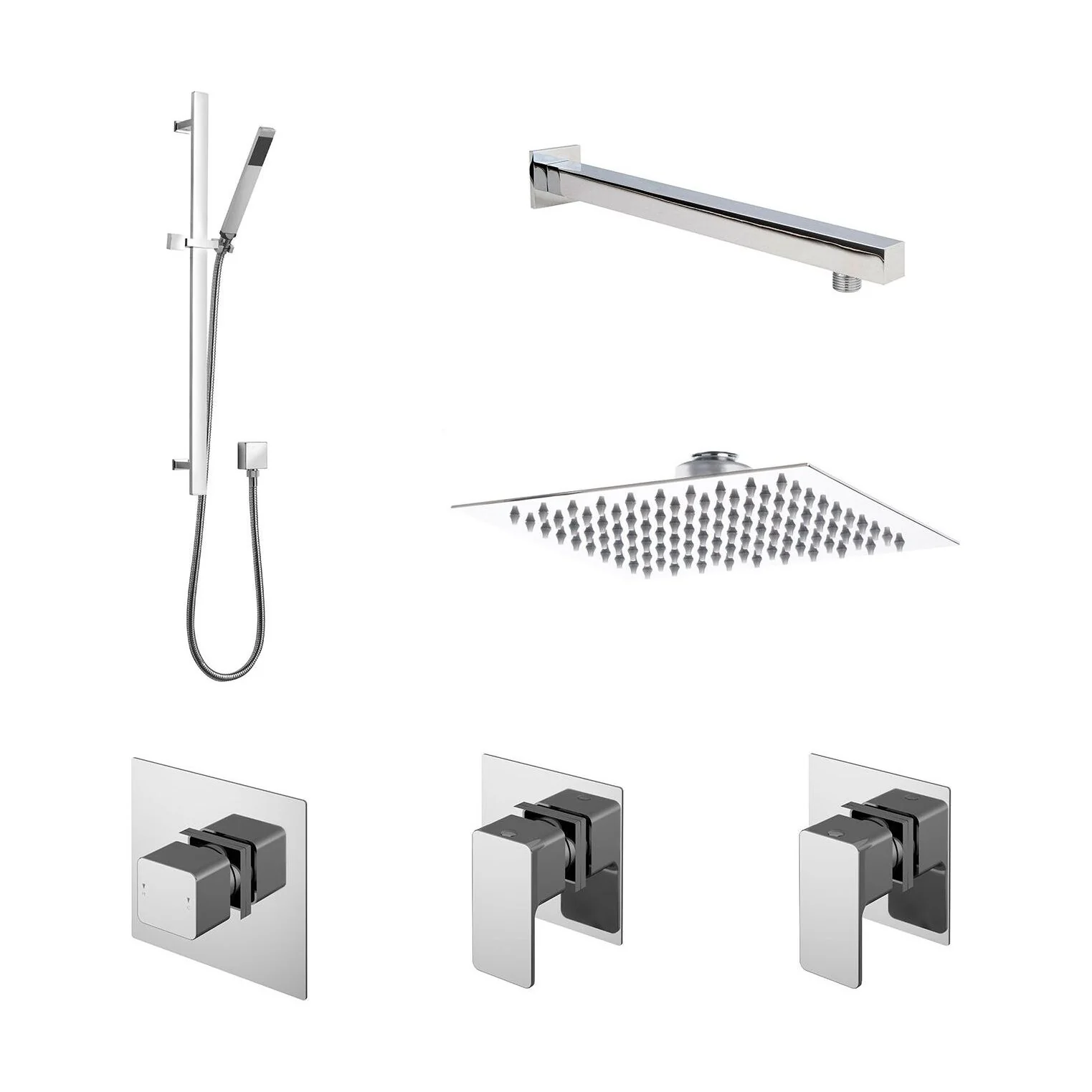 2 Outlet Concealed Valves Shower Bundle with Slide Rail Kit, Wall Mount Arm & Head - Chrome