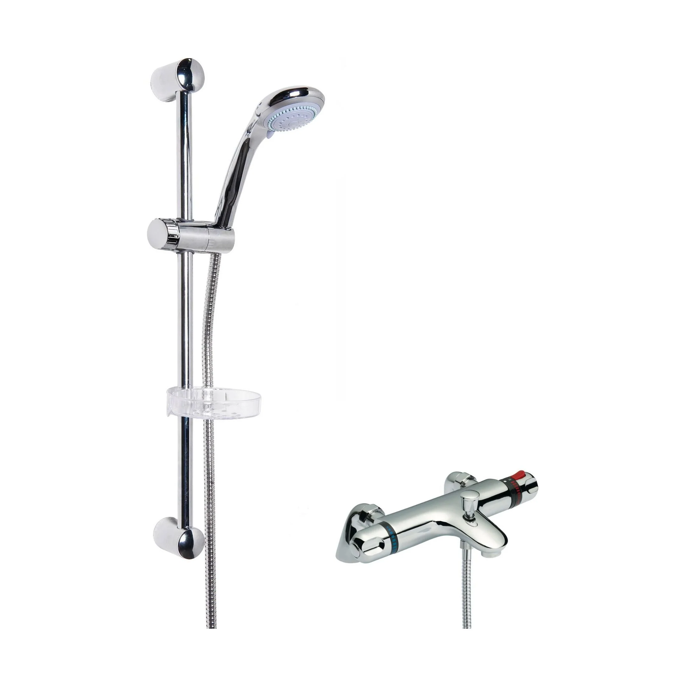 Thermostatic Bath Shower Mixer Tap & Multi Function Round Handset Slide Rail Kit Bundle - Chrome - Balterley