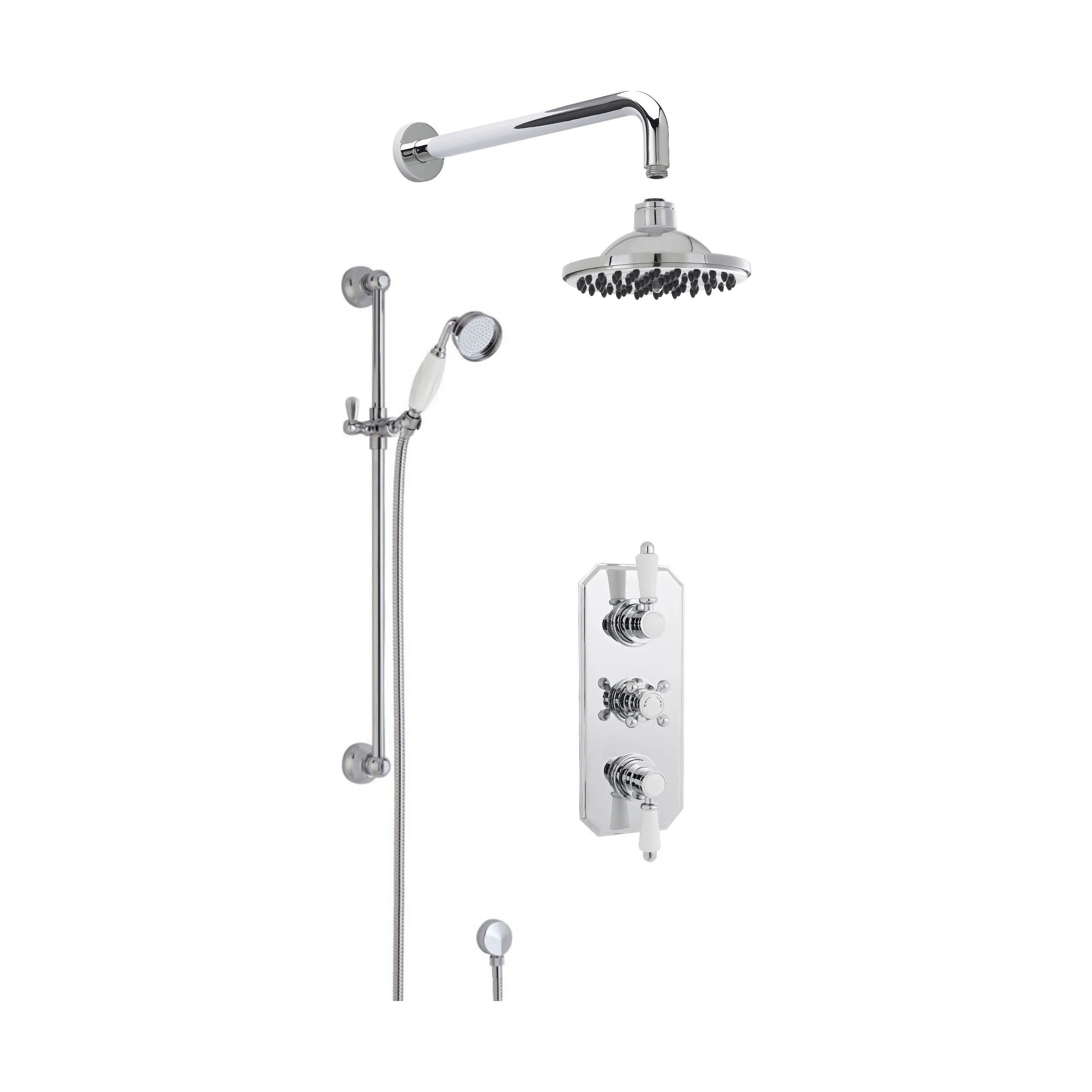 Traditional Concealed Triple Valve with Bevelled Back Plate Shower Set with Slide Rail Kit, Arm & Head- Chrome - Balterley