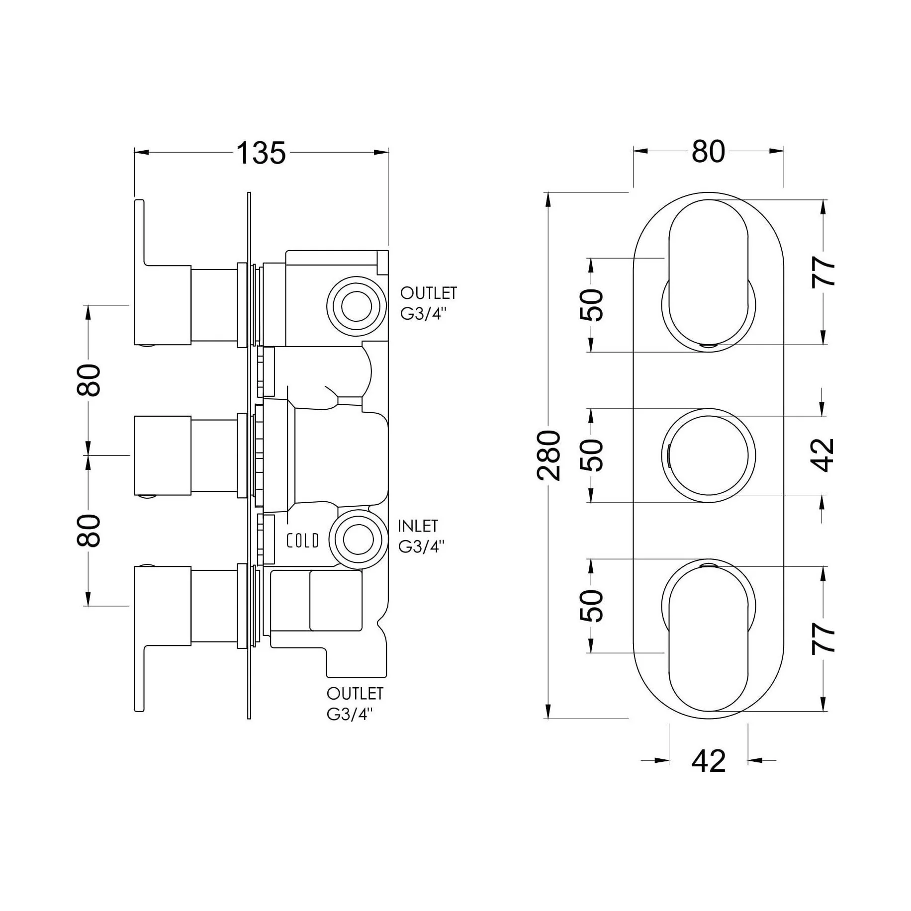 Balterley Current Contemporary Round Triple Concealed Thermostatic Shower Valve with Diverter and Lever Handles - Chrome Finish - Image 2