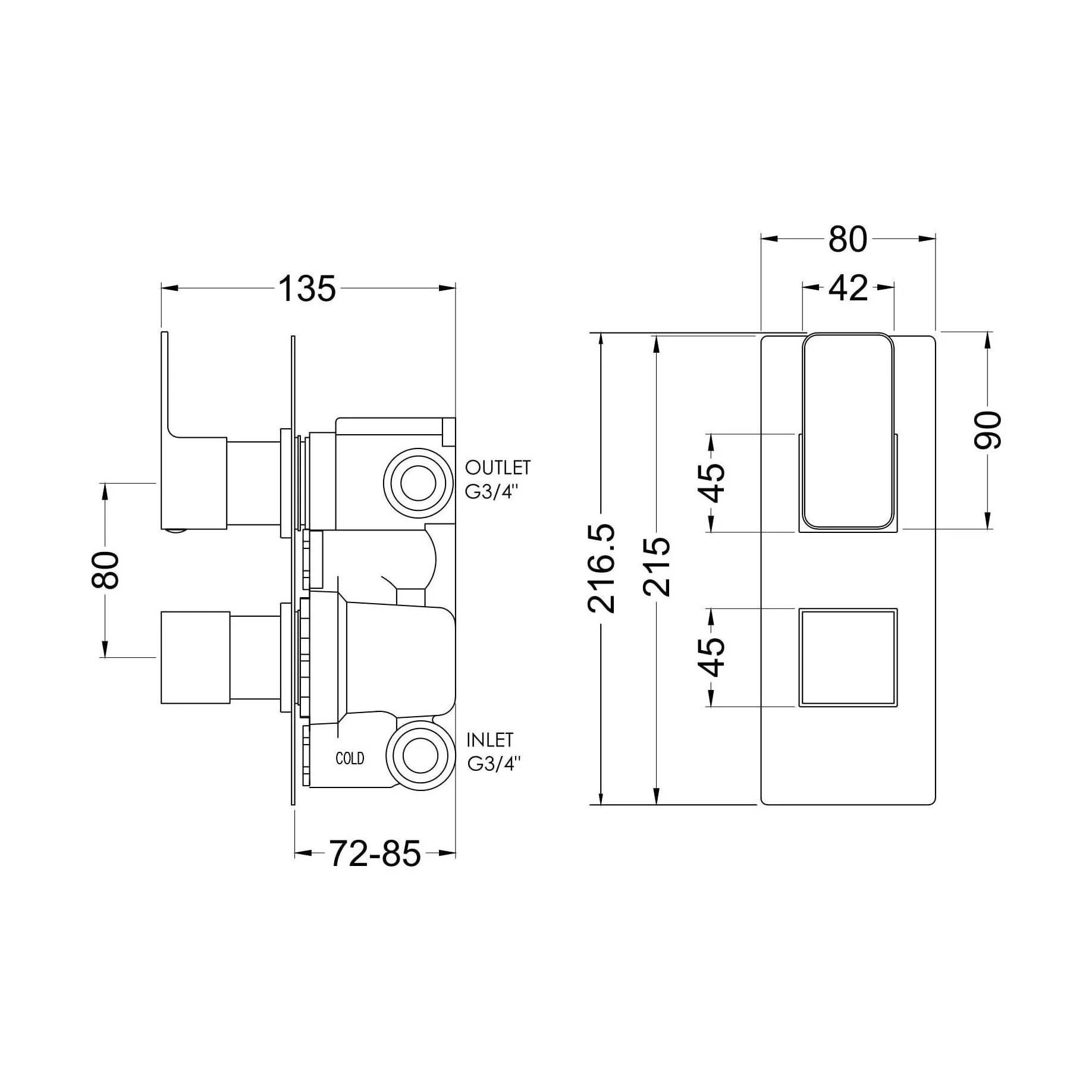 Empire Contemporary Concealed Square Twin Thermostatic Shower Valve with Diverter, 215mm Solid Brass - Matt Black by Balterley - Image 2