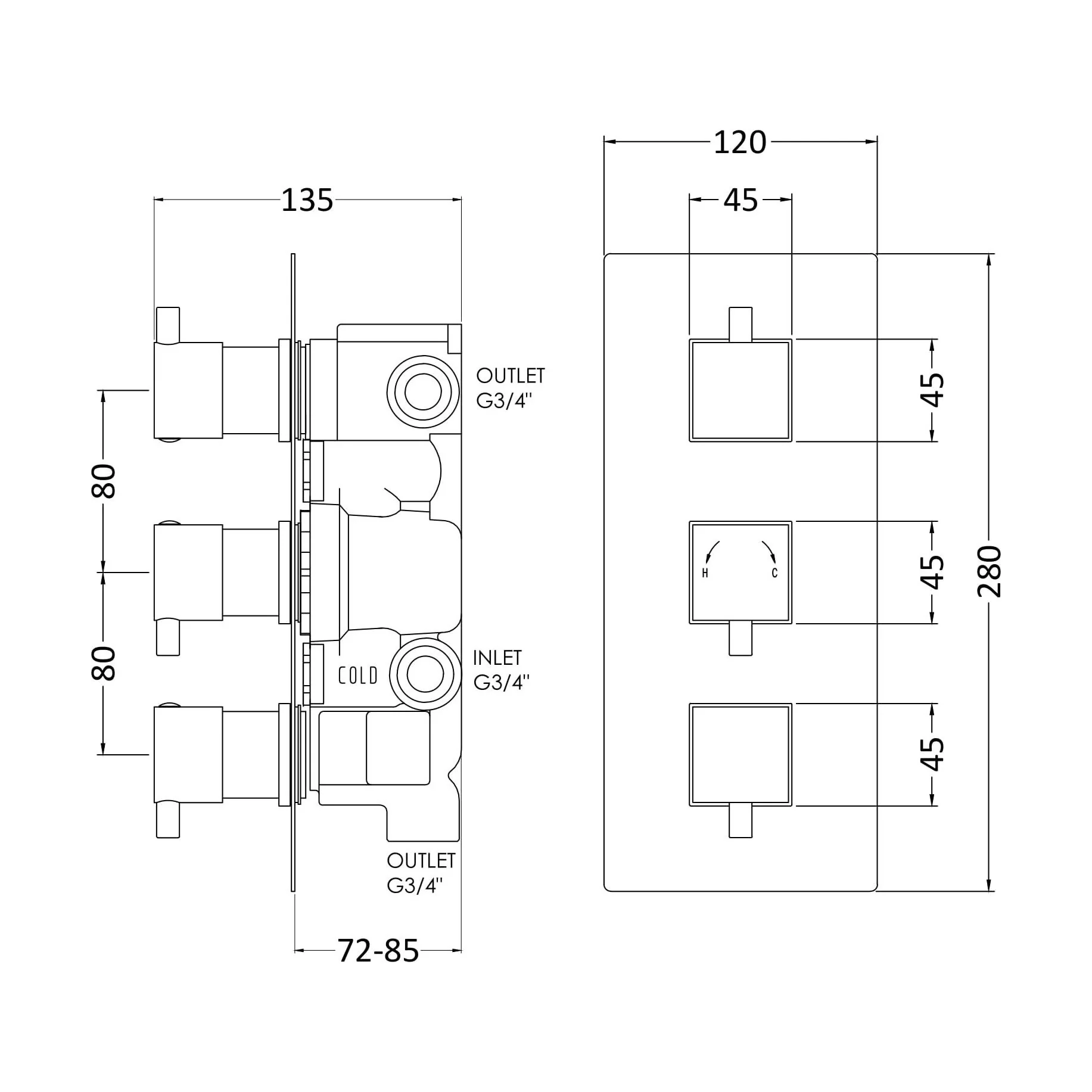 Balterley Contemporary Square Concealed Triple Thermostatic Shower Valve with Diverter 3 Outlets - Chrome - Image 2