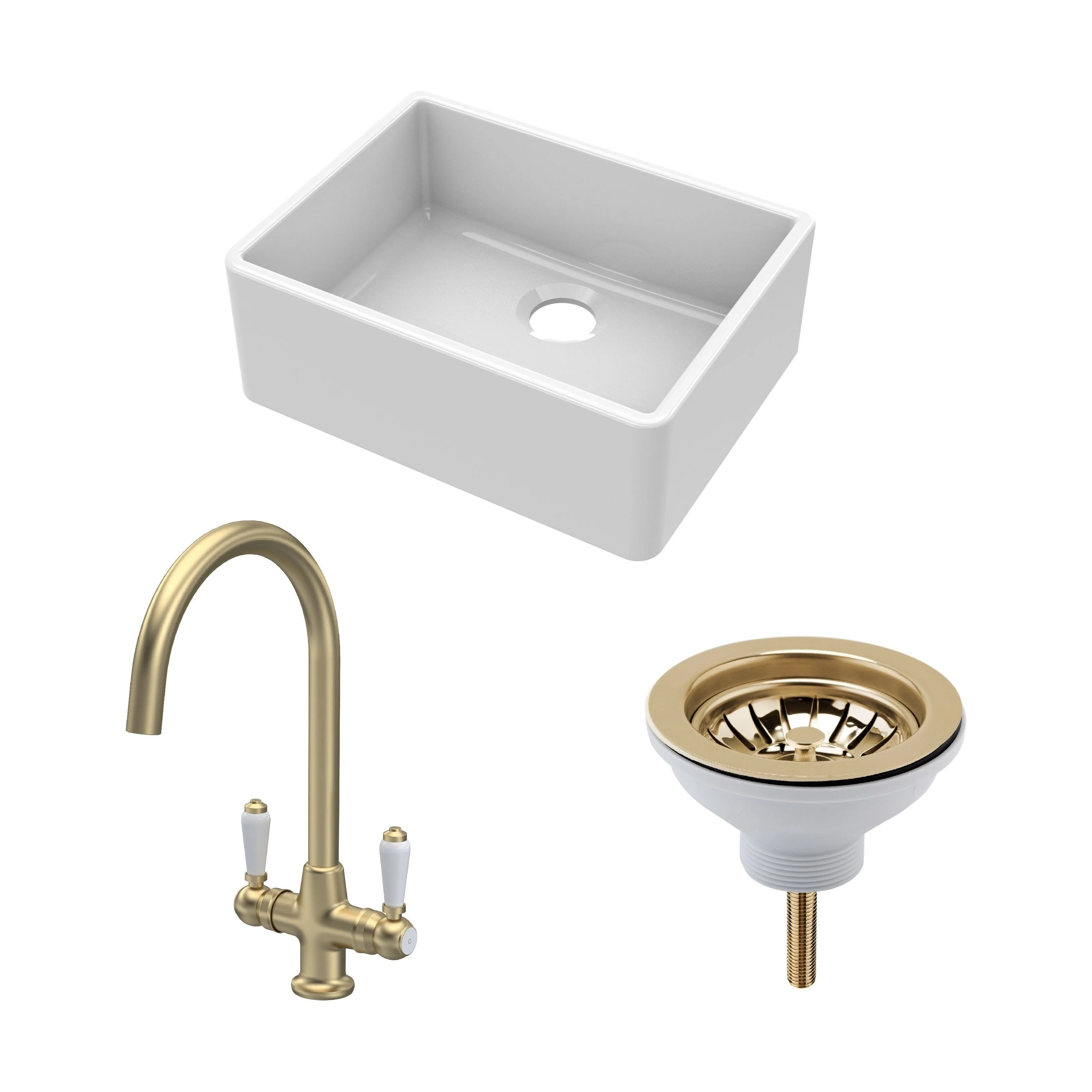 Traditional Fireclay Kitchen Bundle: Single Bowl Butler Sink and Strainer Waste & Mono Lever Handle Mixer Tap, 595mm - Brushed Brass