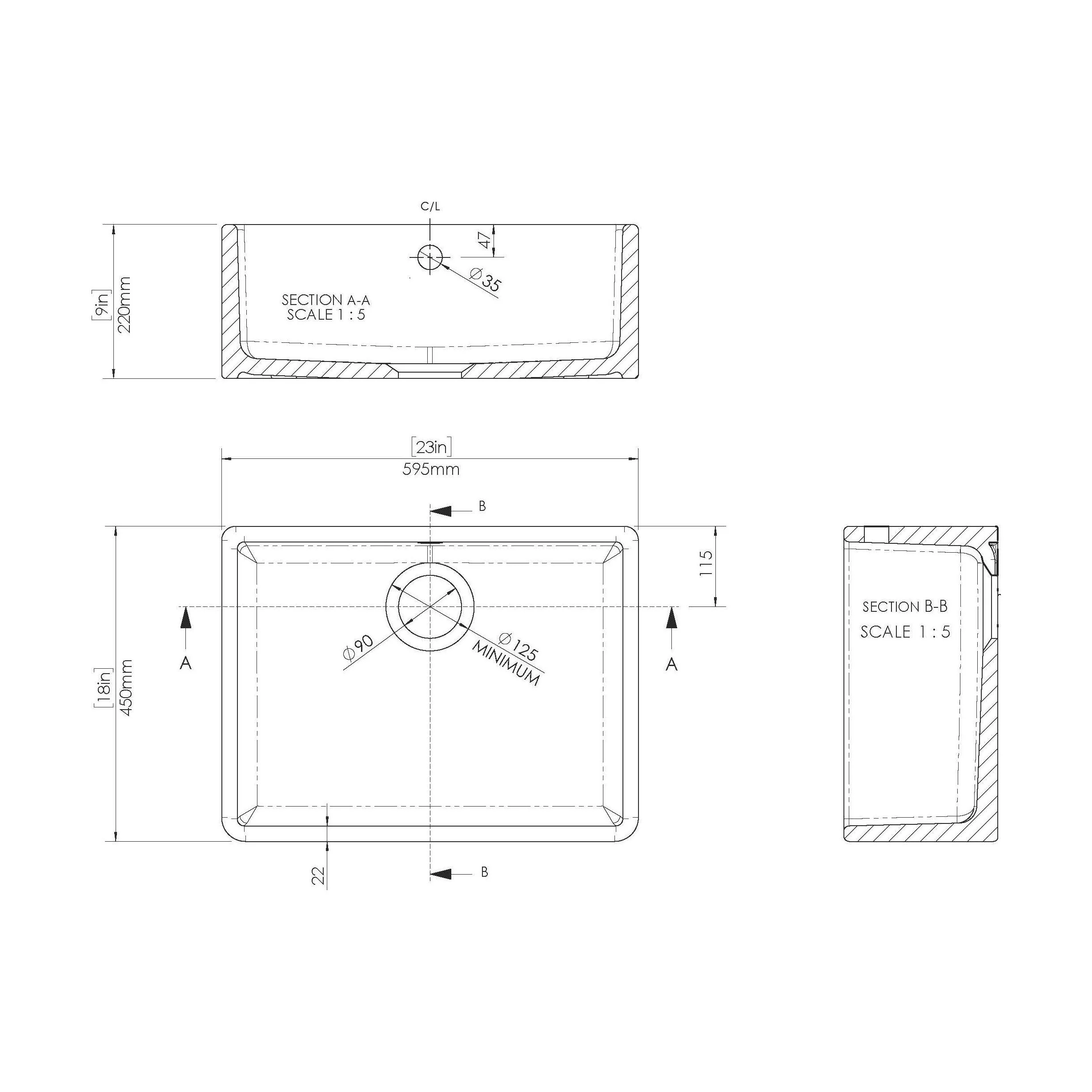 Fireclay Kitchen Bundle: Single Bowl Butler Sink and Overflow, Waste & Classic Mono Kitchen Tap, 595mm - Brushed Brass - Image 2