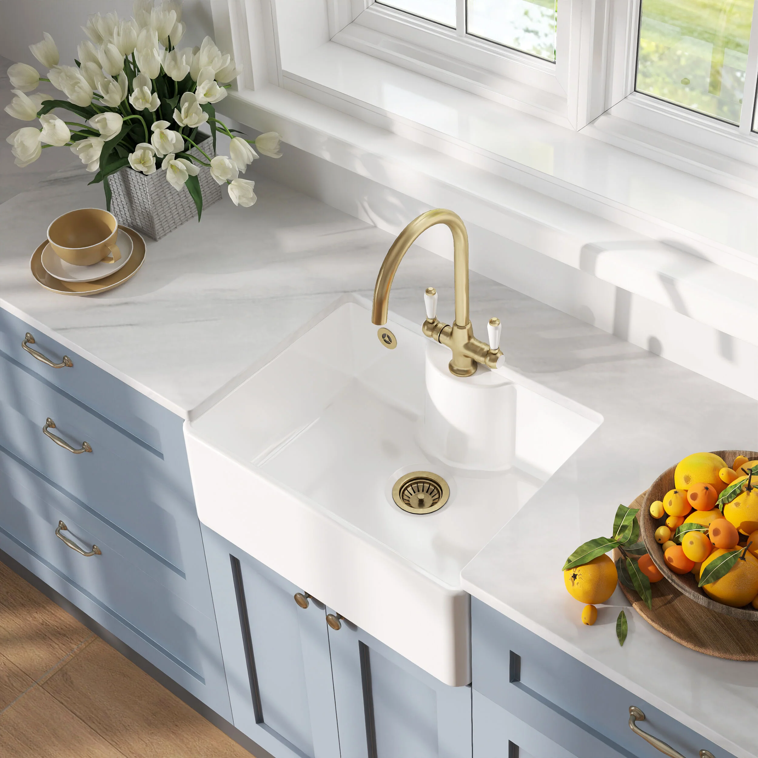 Traditional Fireclay Single Bowl Butler Kitchen Sink Bundle with Overflow, Tap Ledge, Mono Mixer Tap & Waste, 595mm - Brushed Brass - Image 3