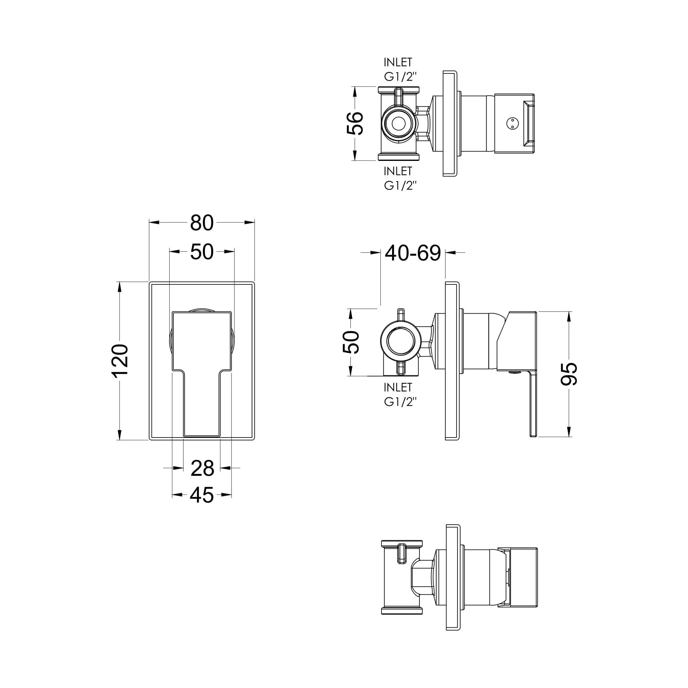 Ripple Contemporary Bathroom Square Concealed Manual Shower Valve with Lever Handle, 120mm, Chrome - Balterley - Image 2
