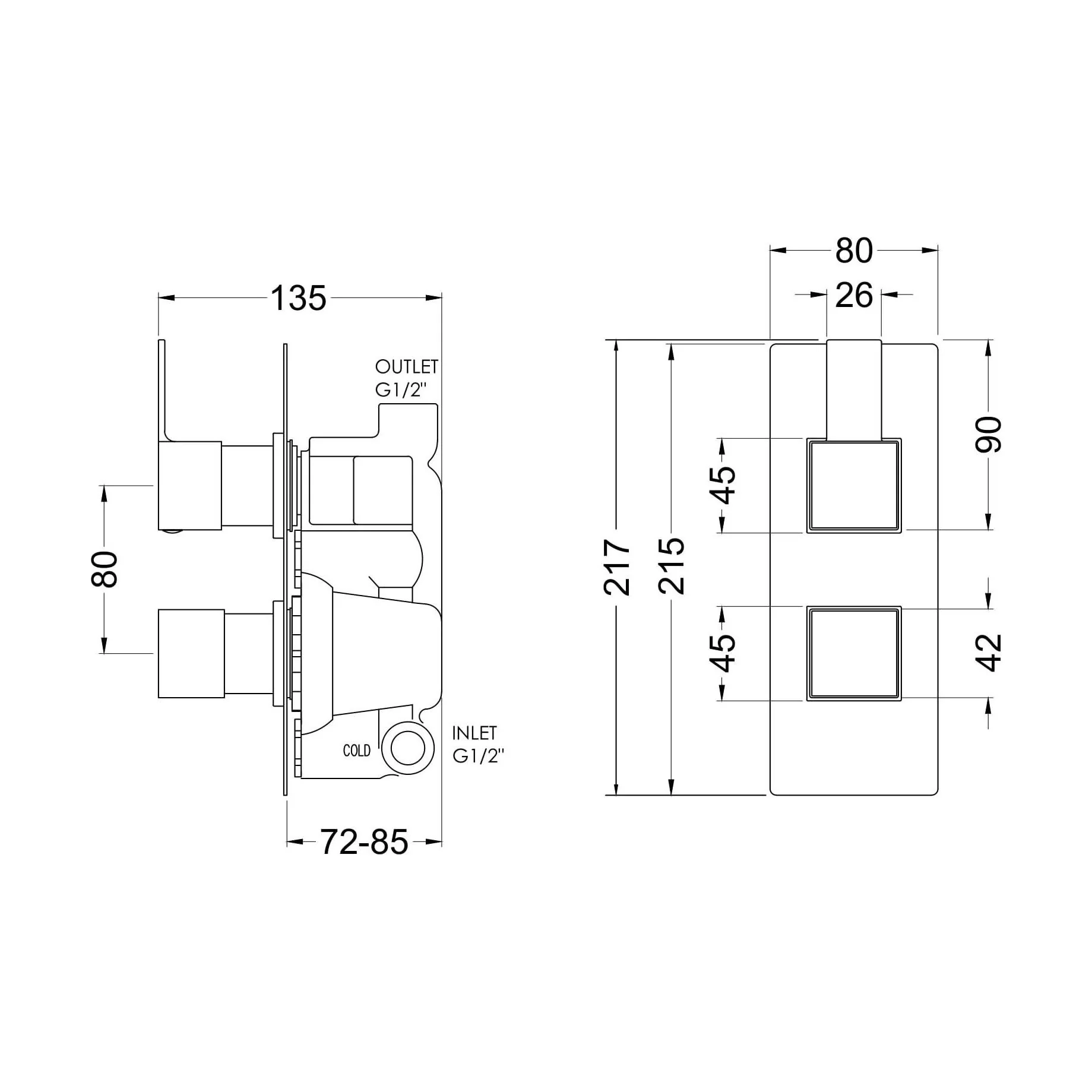 Ripple Contemporary Bathroom Twin Concealed Thermostatic Shower Valve with Lever Handle, 215mm, Chrome - Balterley - Image 2