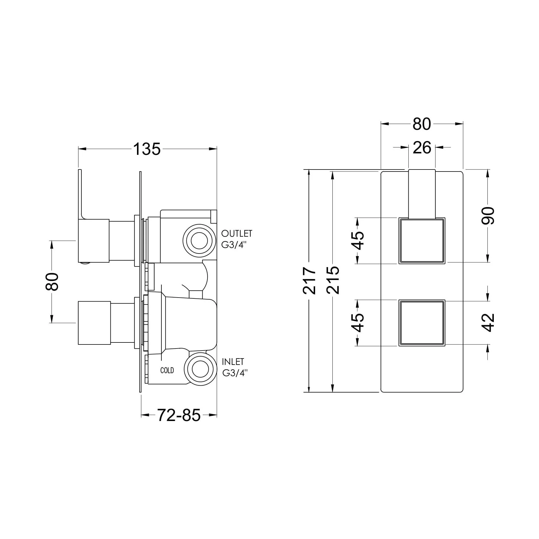 Ripple Contemporary Bathroom Twin Concealed Thermostatic Shower Valve with Diverter and Lever Handle, 215mm, Chrome - Balterley - Image 2